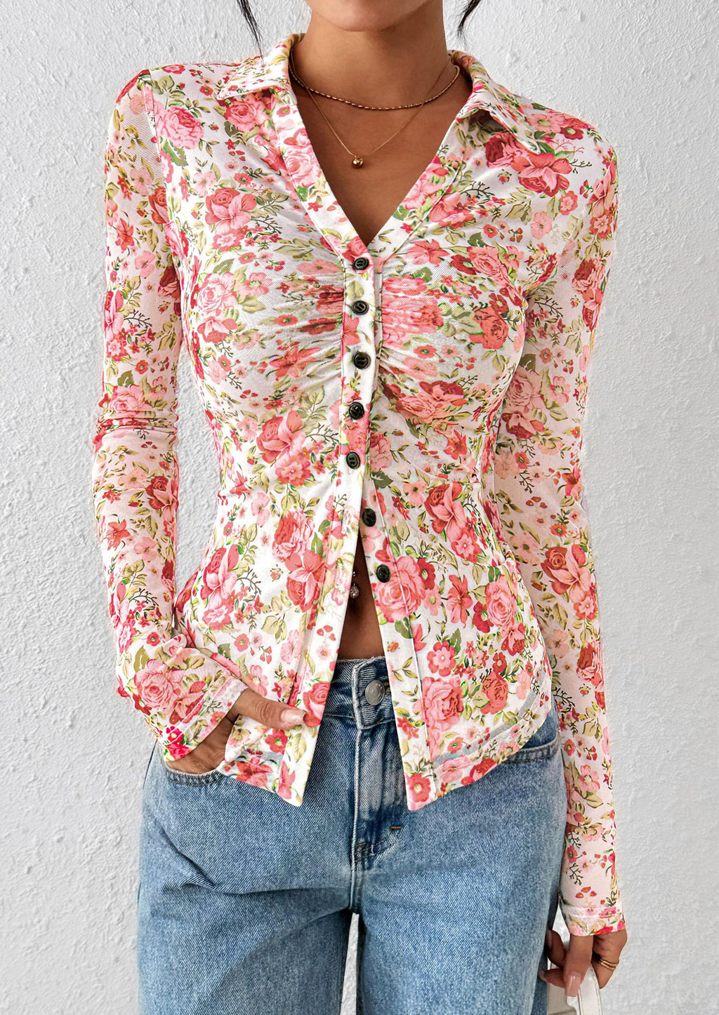 PRETTYGARDEN Women Button Down Floral Shirts Fall Trendy Long Sleeve V Neck Mesh Boho Blouse Spring Tops Date Outfits