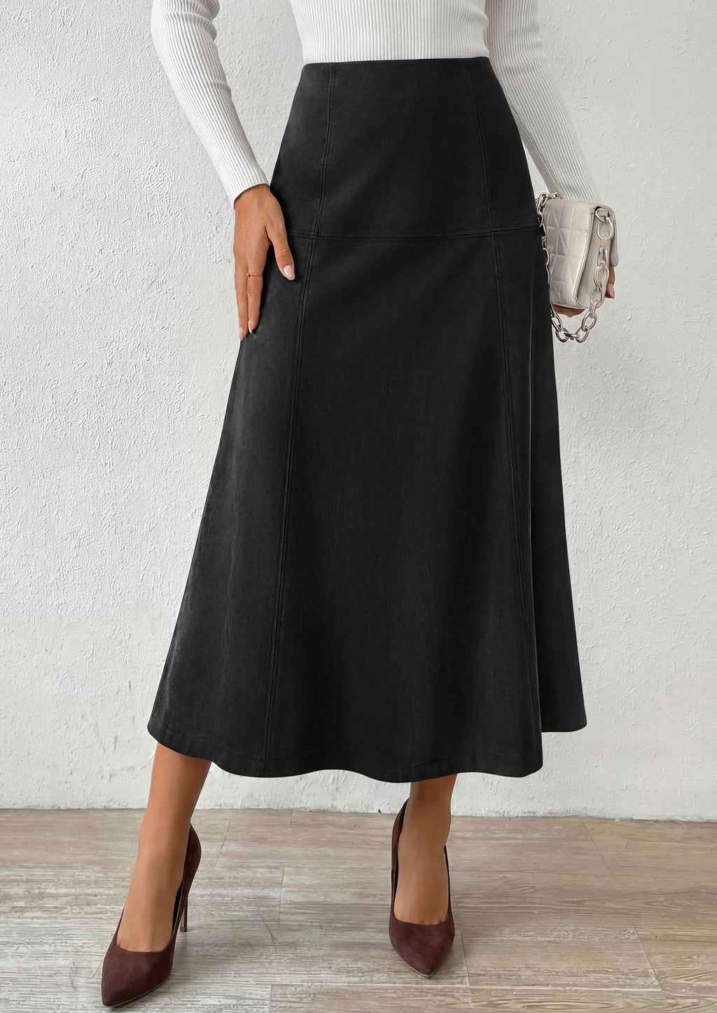 PRETTYGARDEN Womens High Waist Faux Suede A Line Midi Skirt | Hidden Stretch Elastic Waist, Front Back Panel Stitching, Vintage Elegant Mid-Calf Long Skirts for Fall Winter Office Daily