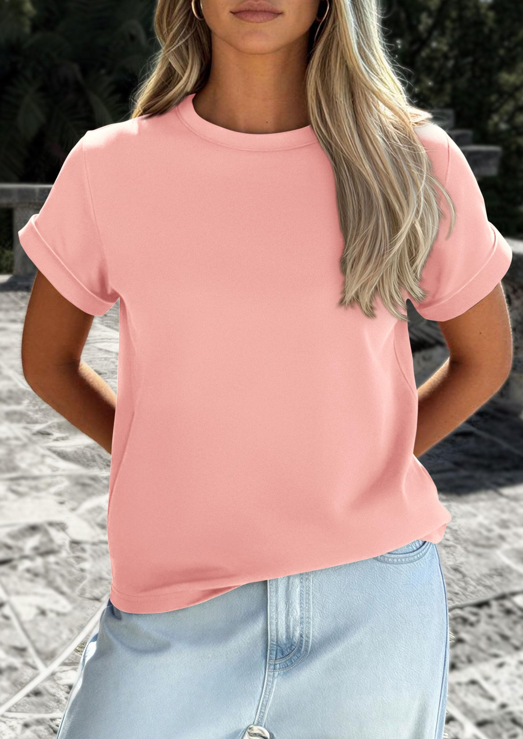PRETTYGARDEN Womens Summer Tops Spring Casual Rolled Short Sleeve Basic Tees Crew Neck Work Shirts Fashion Clothing