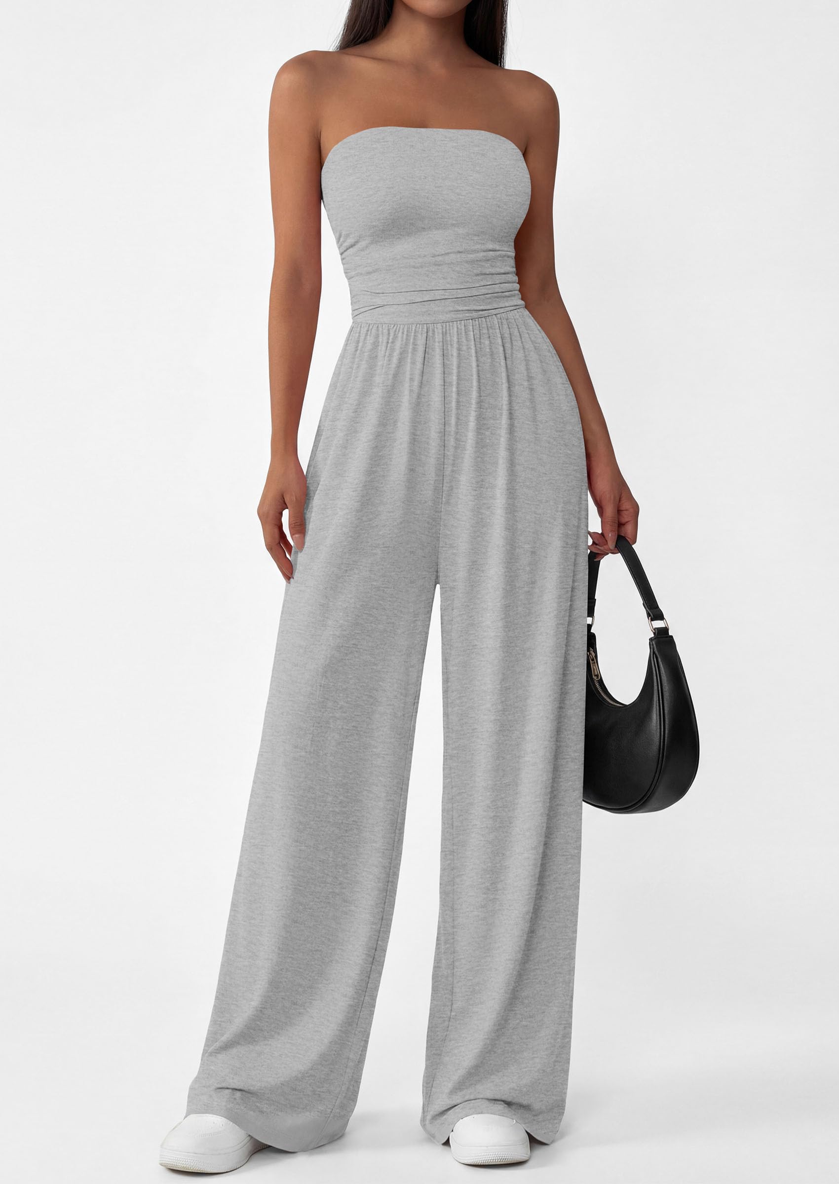 PRETTYGARDEN Womens Trendy Strapless Rompers Ruched Tube Top Wide Leg One Piece Jumpsuits Beach Vacation Summer Outfits