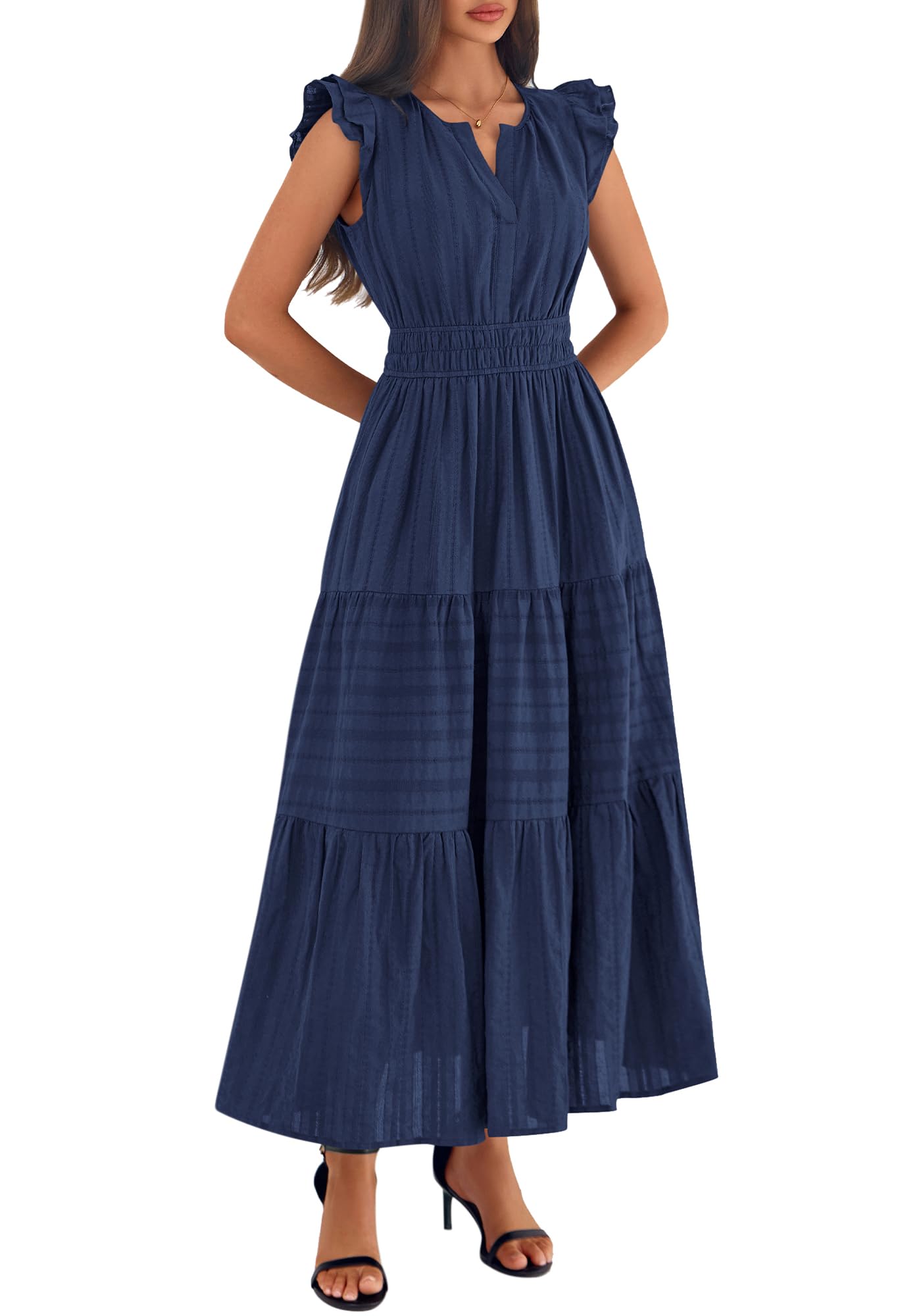 BTFBM Womens Summer Maxi Dress  Spring Boho Vacation Ruffle Flutter Short Sleeve A Line Tiered Flowy Dresses Pockets