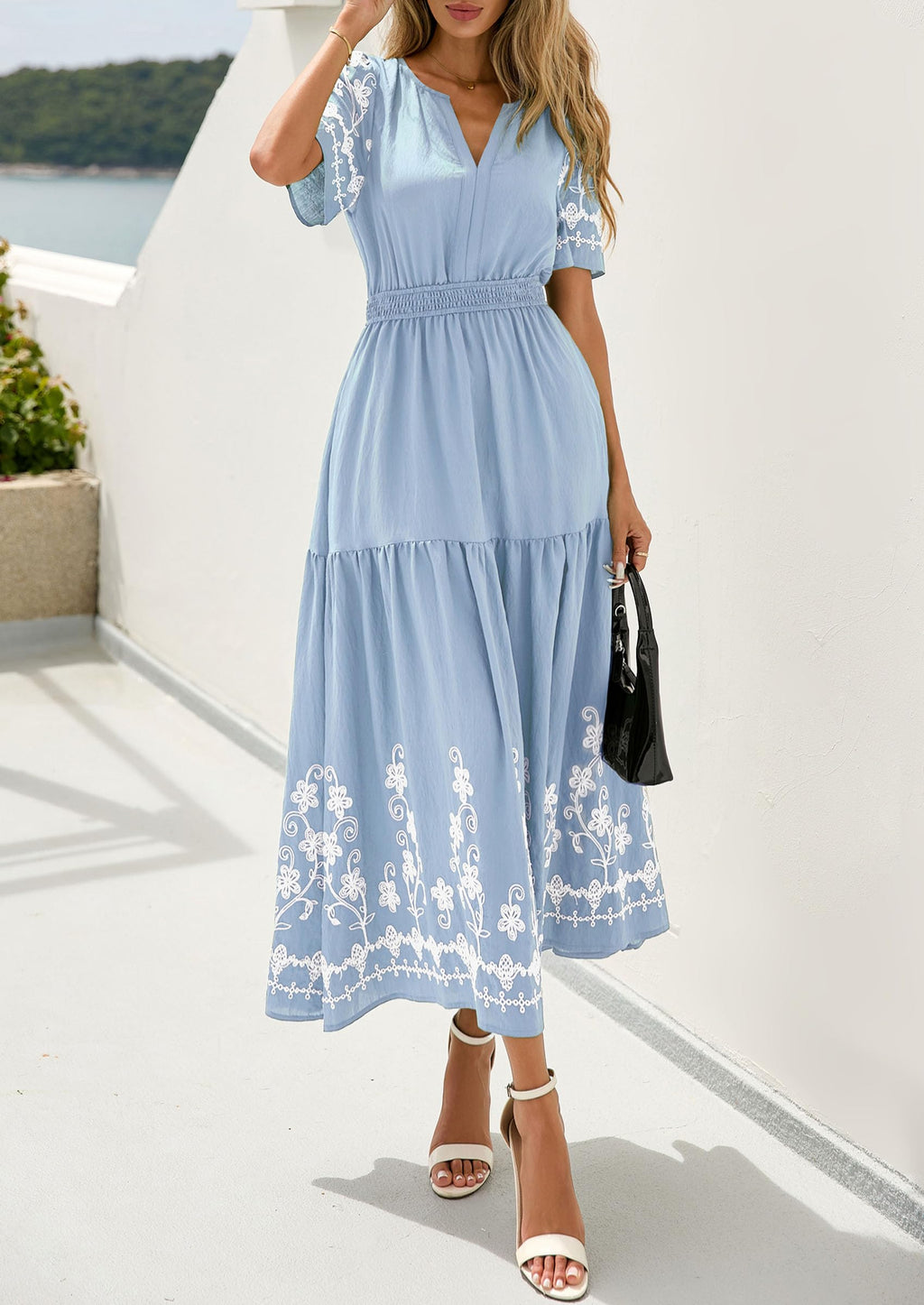PRETTYGARDEN Women's Summer Boho Maxi Dress Spring Floral Short Sleeve V Neck A Line Flowy Beach Wedding Guest Dresses