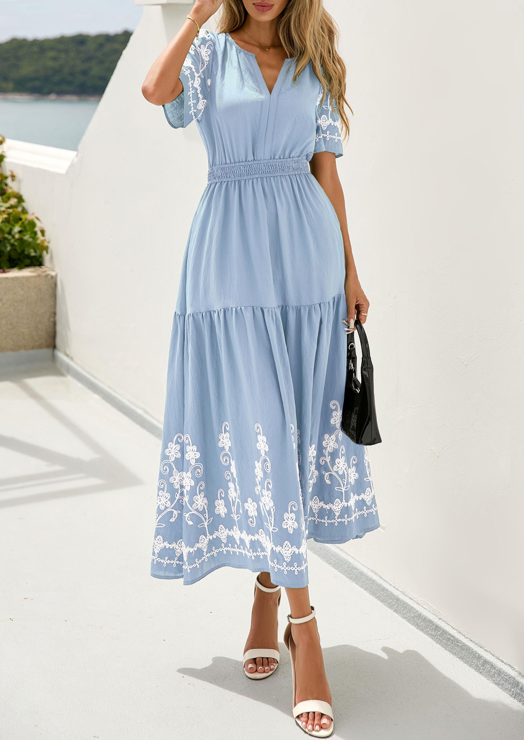 PRETTYGARDEN Women's Summer Boho Maxi Dress Spring Floral Short Sleeve V Neck A Line Flowy Beach Wedding Guest Dresses