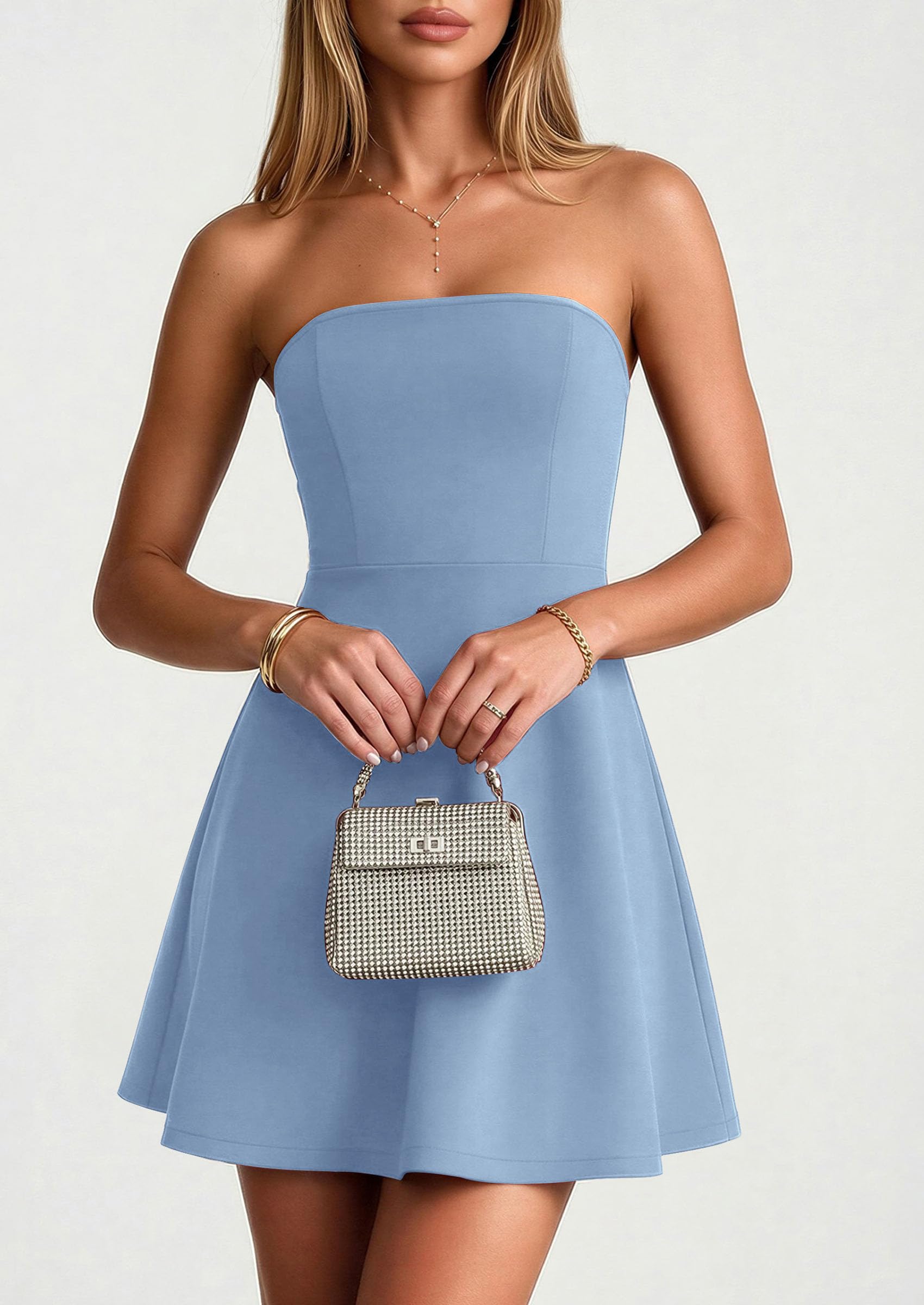 PRETTYGARDEN Women's Strapless Mini Summer Dress  Spring A Line Tube Top Wedding Guest Cocktail Party Short Dresses