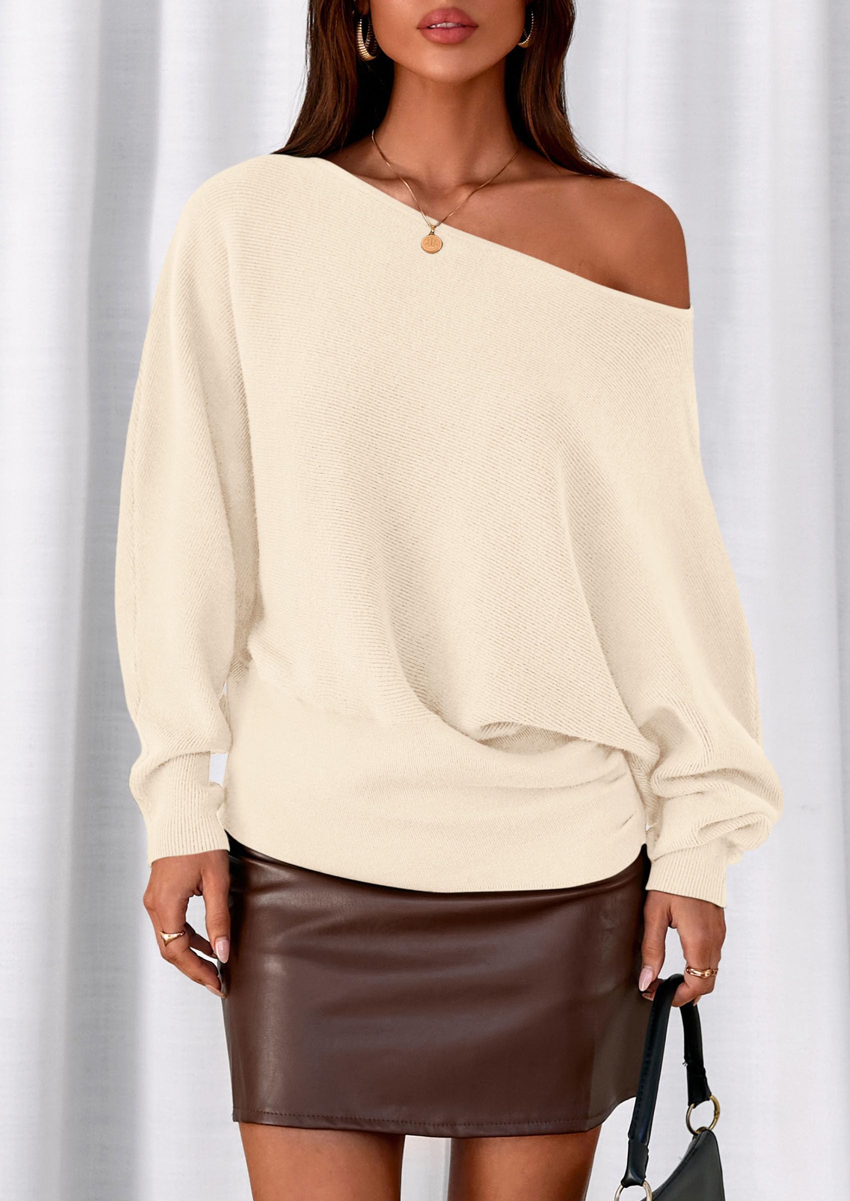 PRETTYGARDEN Women Off the Shoulder Sweater  Fall Trendy Long Batwing Sleeve Knit Pullover Going Out Tops Winter Clothing
