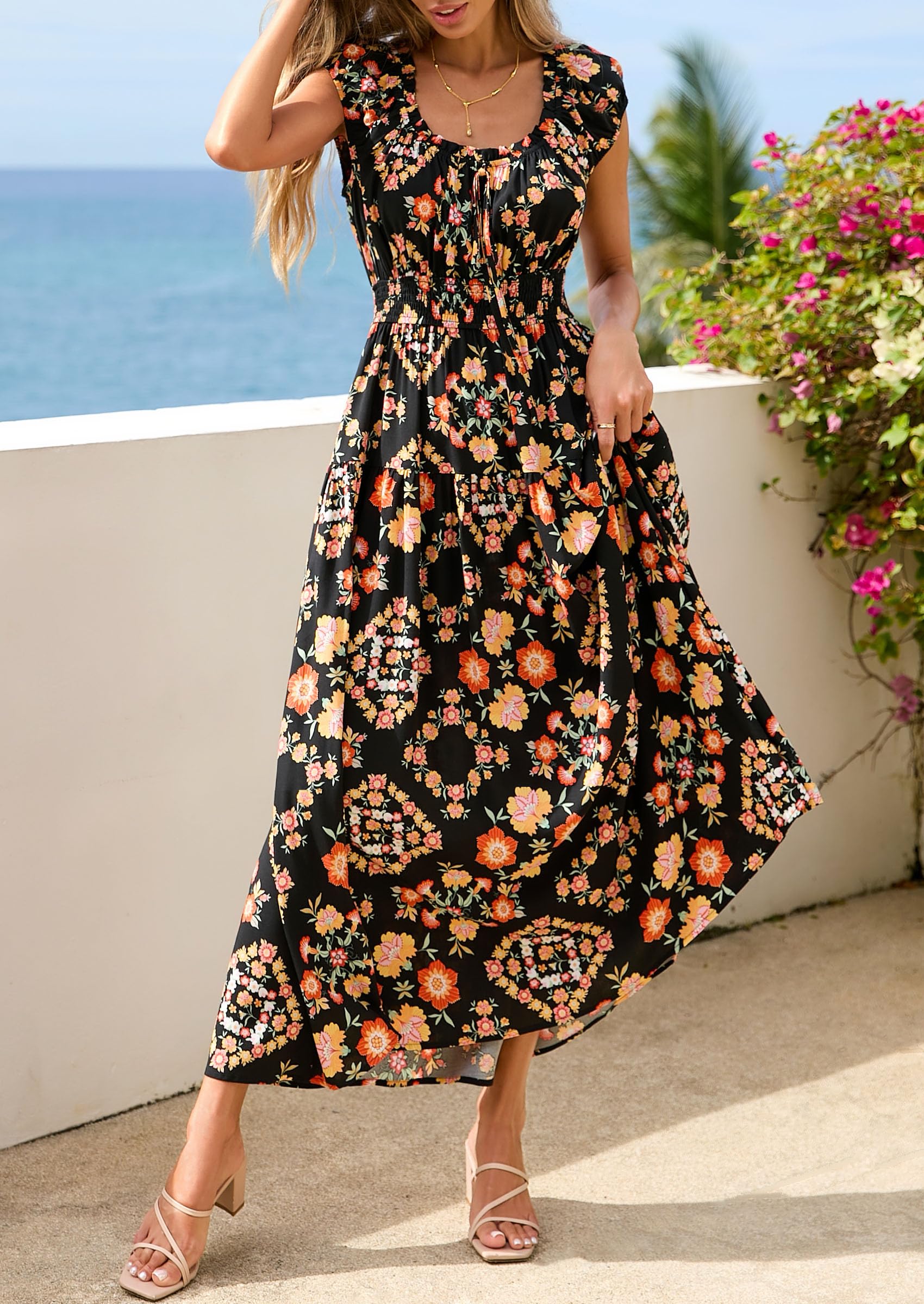 PRETTYGARDEN Boho Maxi Dresses for Women  Summer Floral Wedding Guest Dress Resort Wear Spring Long Flowy Beach Sundress