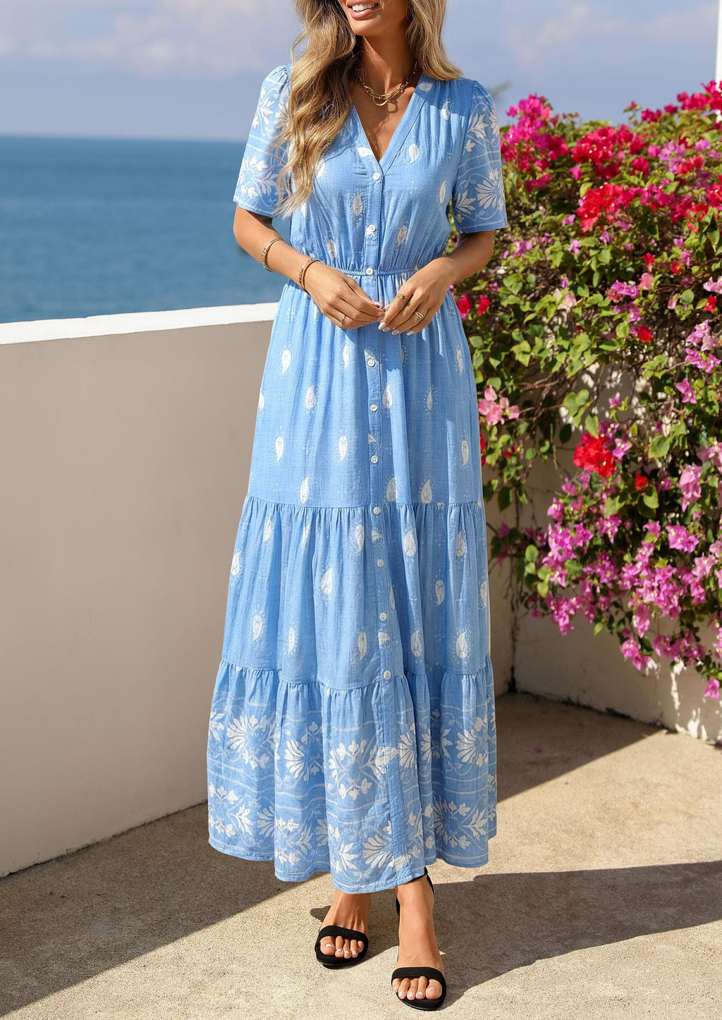 PRETTYGARDEN Womens Summer Boho Maxi Dress Trendy Short Sleeve V Neck Flowy Beach Floral Dresses with Pockets