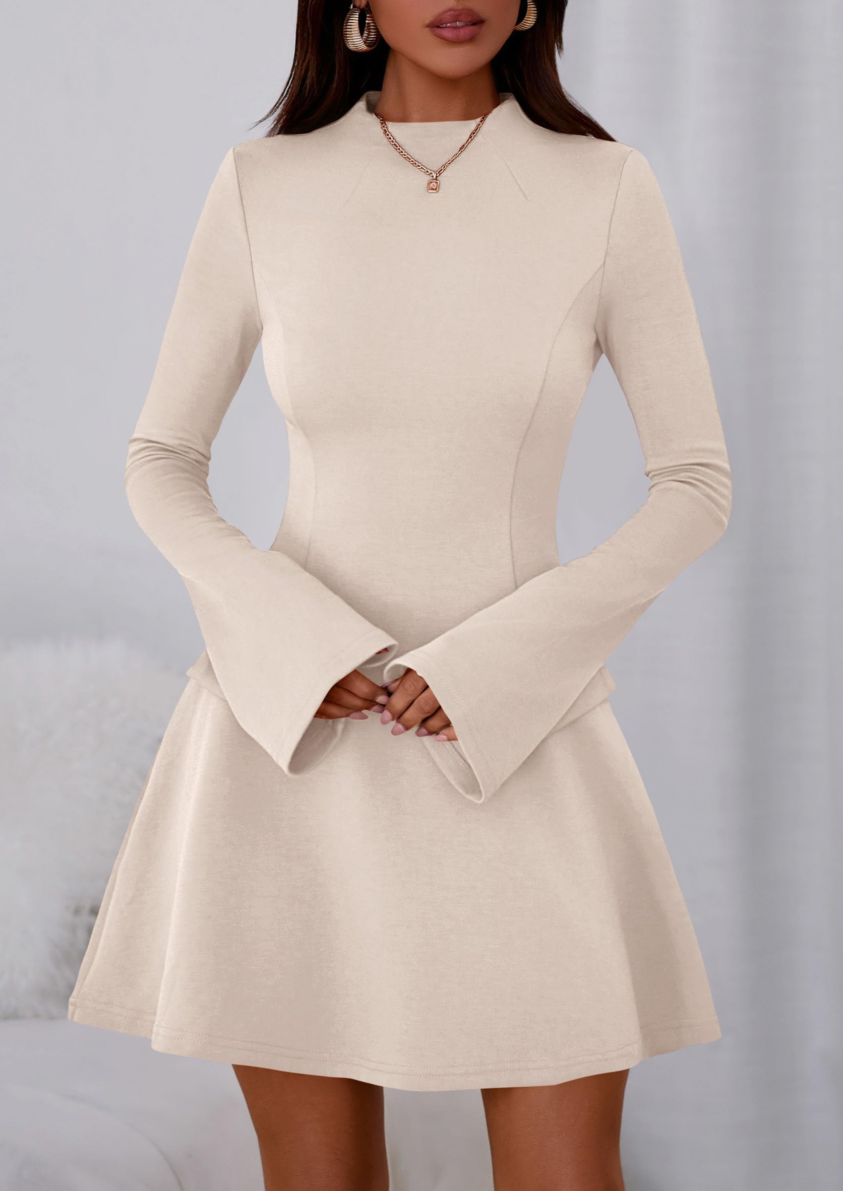 PRETTYGARDEN Women's Elegant Holiday Short Dress  Fall Bell Long Sleeve Mock Neck Work Business Casual Party Mini Dress
