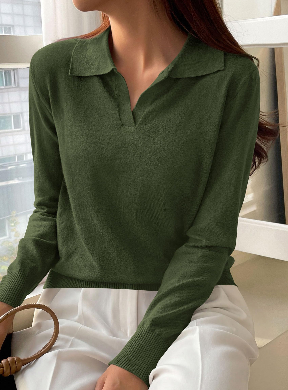 PRETTYGARDEN Womens Long Sleeve Collared Polo Sweater | Breathable Soft Ribbed Knit, Lapel V Neck Pullover Sweaters, Business Casual Work Office Tops, 2026 Trendy Fall Outfits