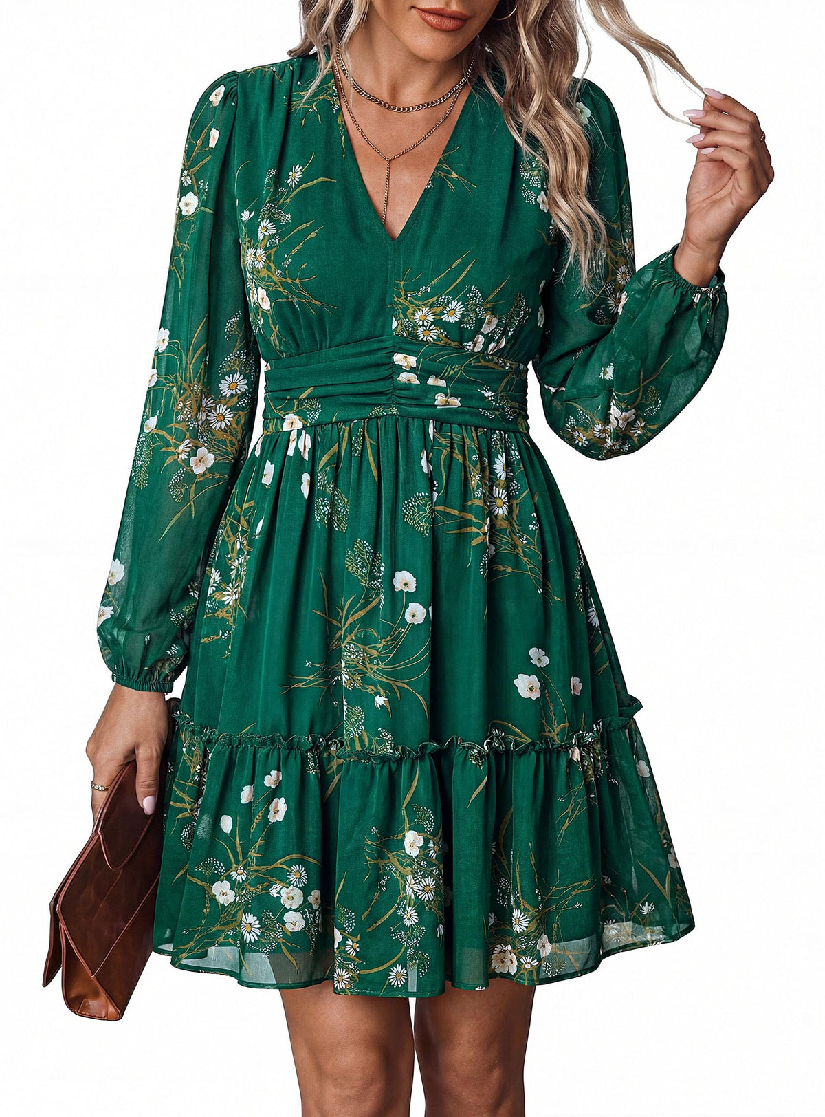 PRETTYGARDEN Women Floral Long Sleeve Mini Dress | Fall Wedding Guest Dresses, V Neck, Fit & Flare, Ruffle Hem A-Line, Short Chiffon Dress, Elegant Holiday Party, Date Outfits