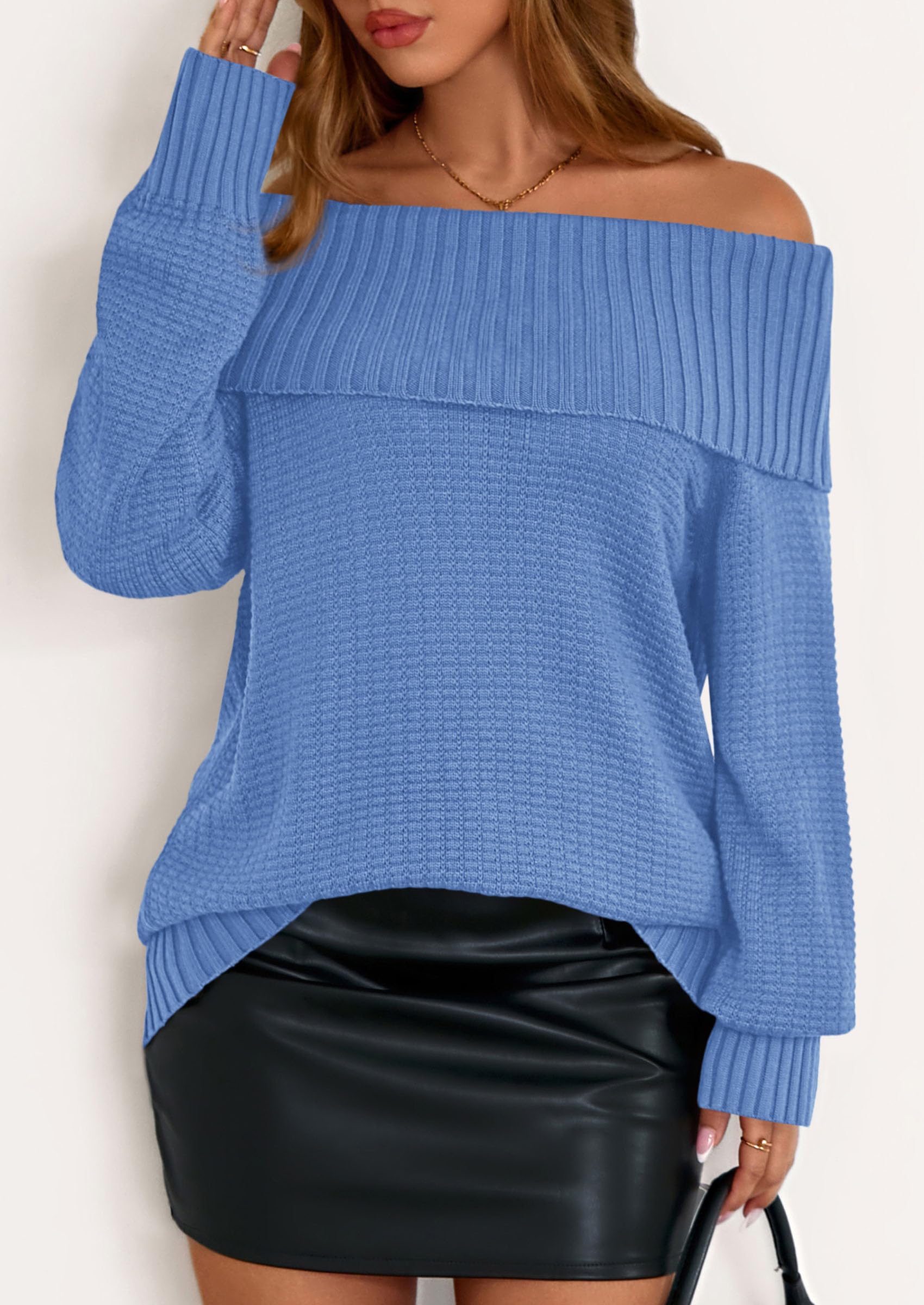 PRETTYGARDEN Womens Off The Shoulder Sweater Long Sleeve Tops Loose Knit Pullover Sweaters Fashion Fall Clothes