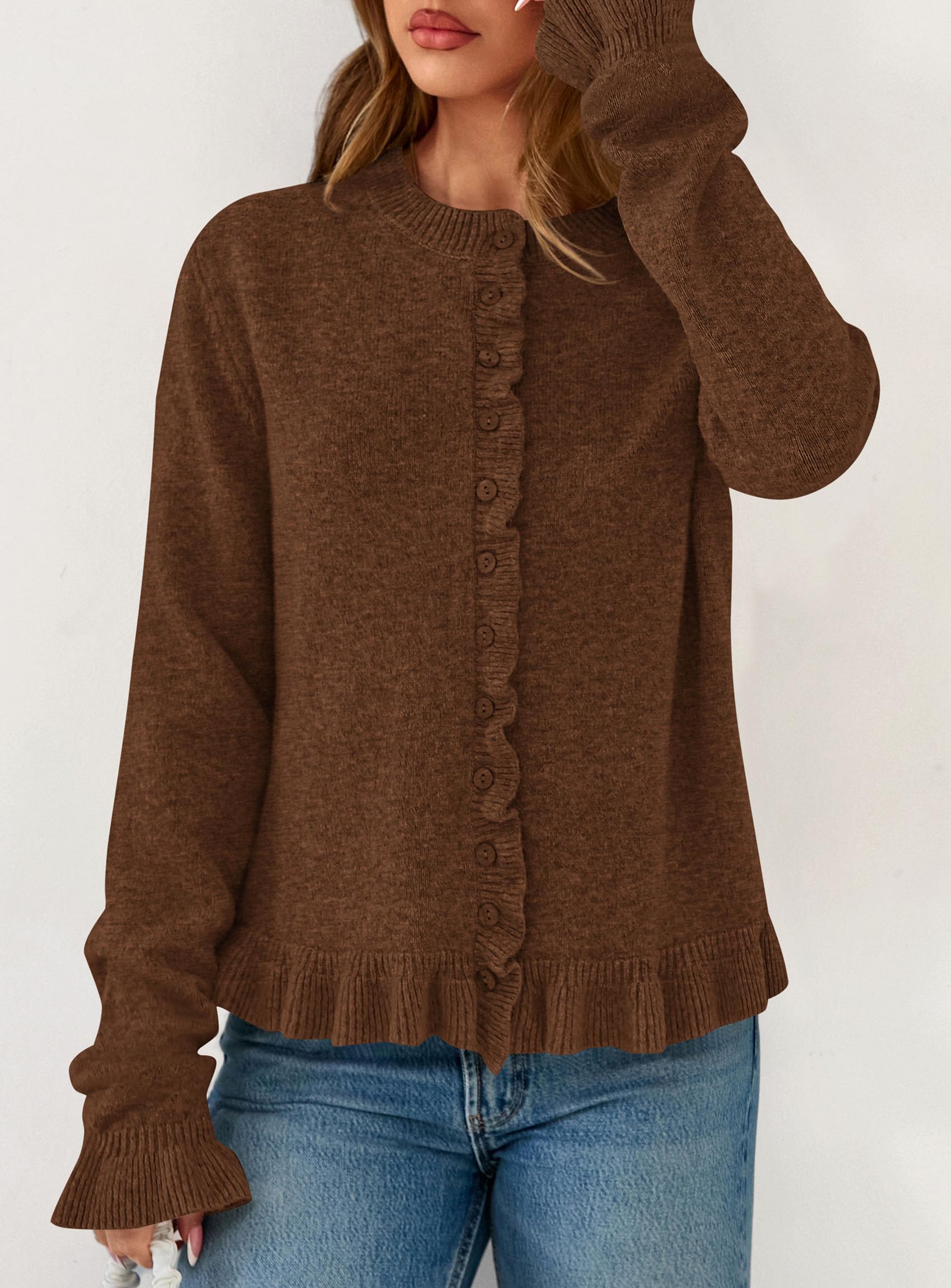 PRETTYGARDEN Womens Fall Button Down Cardigans Chunky Knit Ruffle Open Front Cropped Cardigan Sweaters Soft Long Sleeve Tops