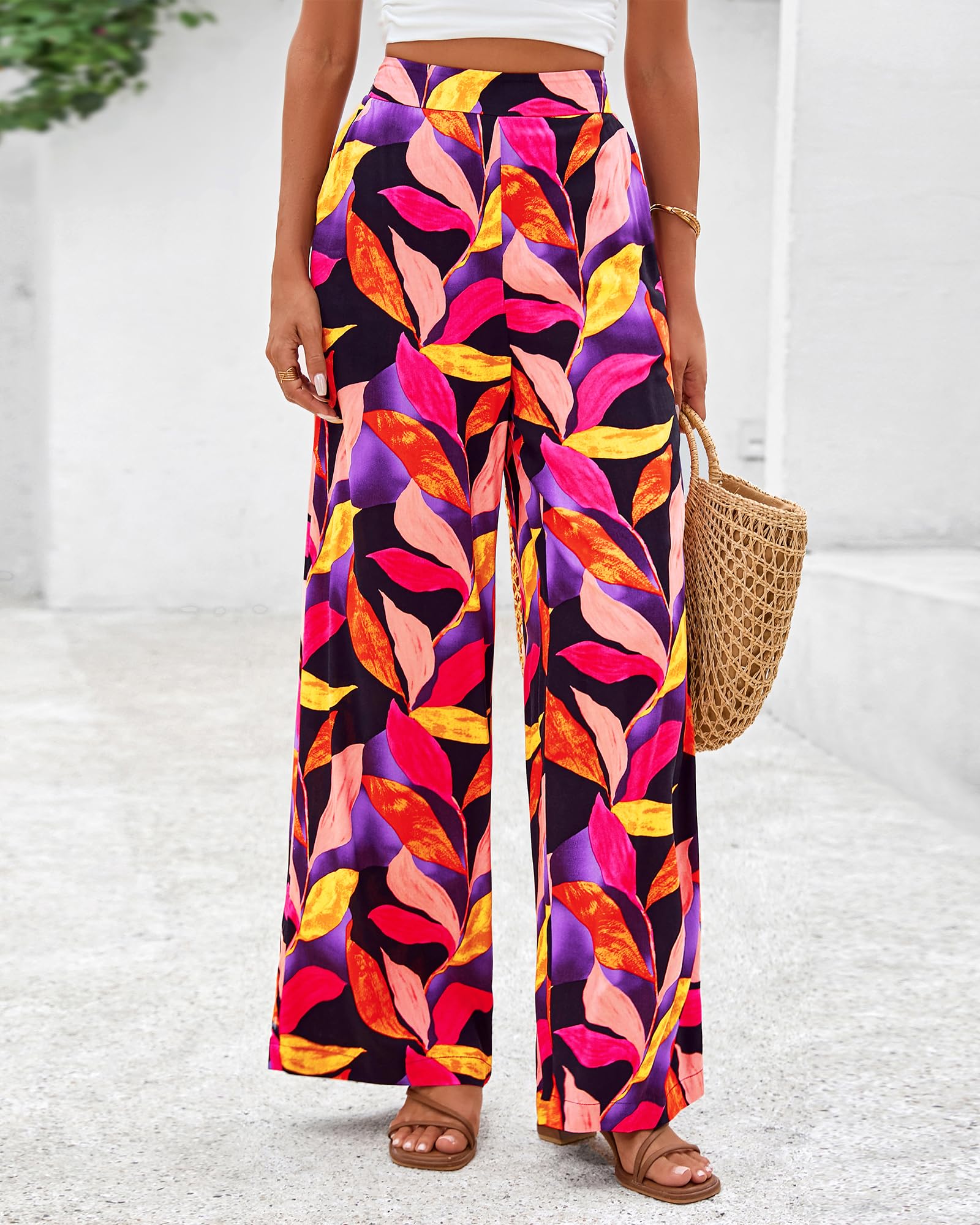 FreshPretty Womens Wide Leg Summer Pants Boho Beach Vacation Loose Elastic Waist Printed Palazzo Pant Pockets