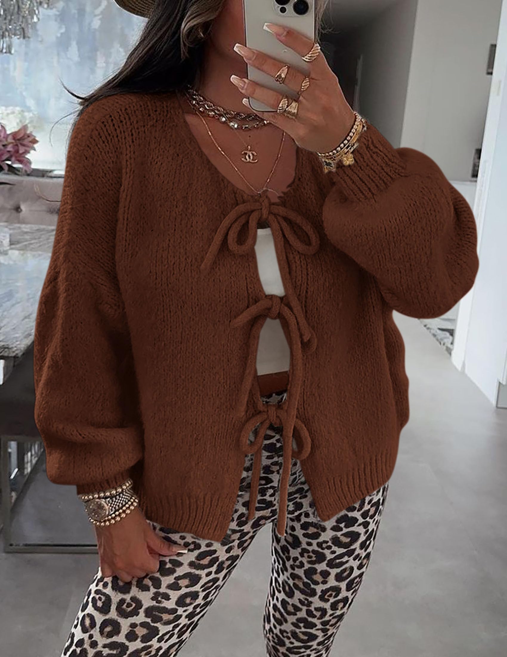 PRETTYGARDEN Women's Tie Front Bow Cardigan Sweaters Chunky Knit Long Puff Sleeve Trendy Fall Winter Jacket Coat