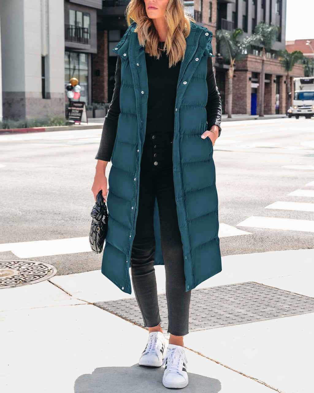 FreshPretty Long Puffer Vest Women Quilted Hooded Button Down Zip Up Sleeveless Vests Outerwear Padded Jacket Fall Winter Coat