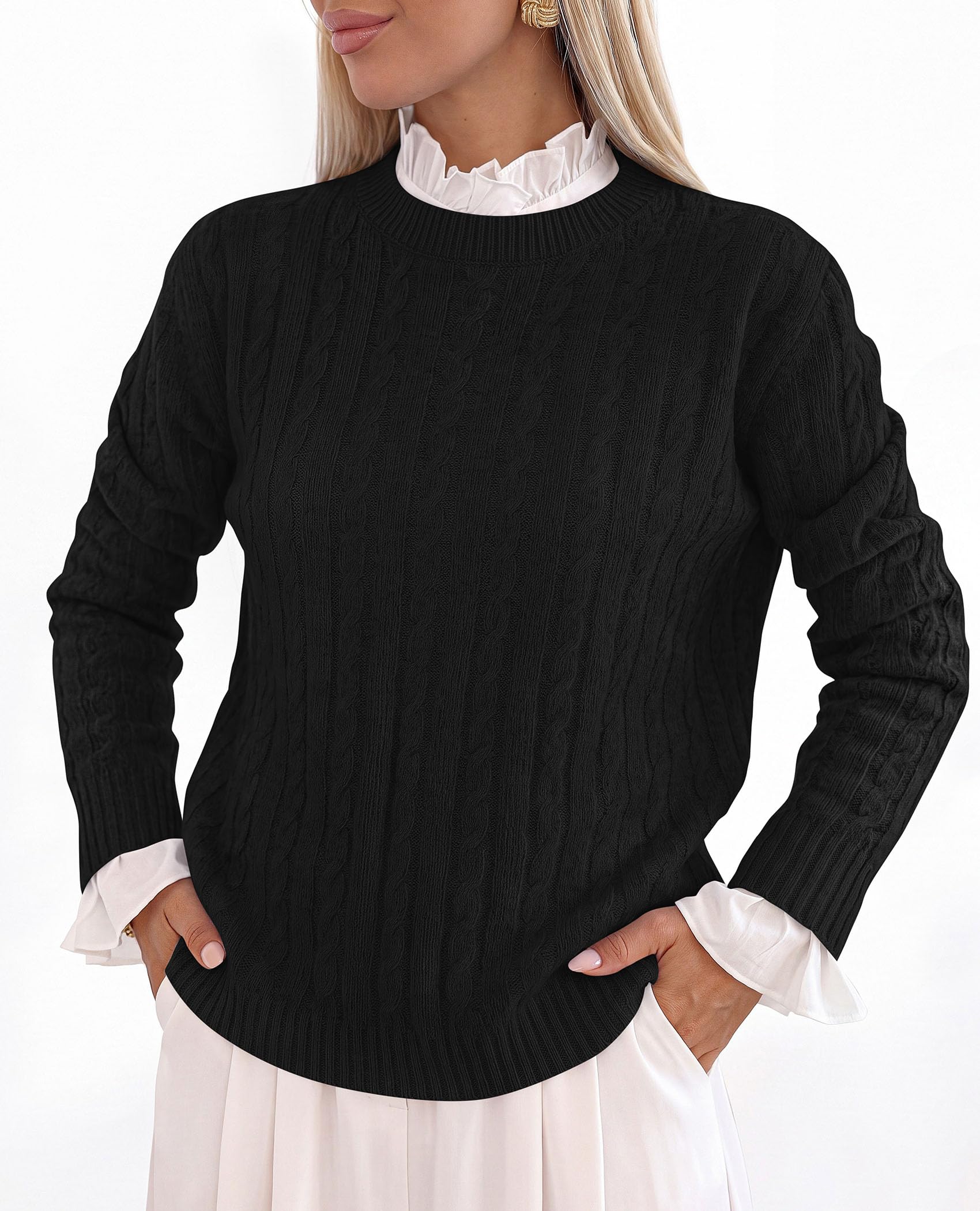 PRETTYGARDEN Women's Cable Knit Sweaters Long Sleeve Pullover Fall Outfits Soft Cozy Knit Tops, Ribbed Crewneck Regular Fit, Basic Daily, Work Business Casual, Teacher Outfits, Winter Layer Clothing
