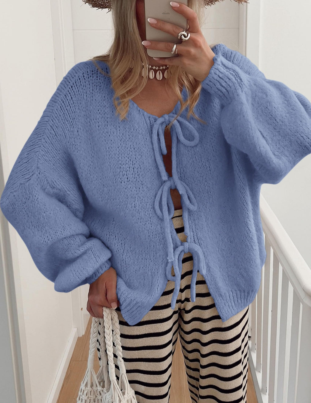 PRETTYGARDEN Women's Tie Front Bow Cardigan Sweaters Chunky Knit Long Puff Sleeve Trendy Fall Winter Jacket Coat