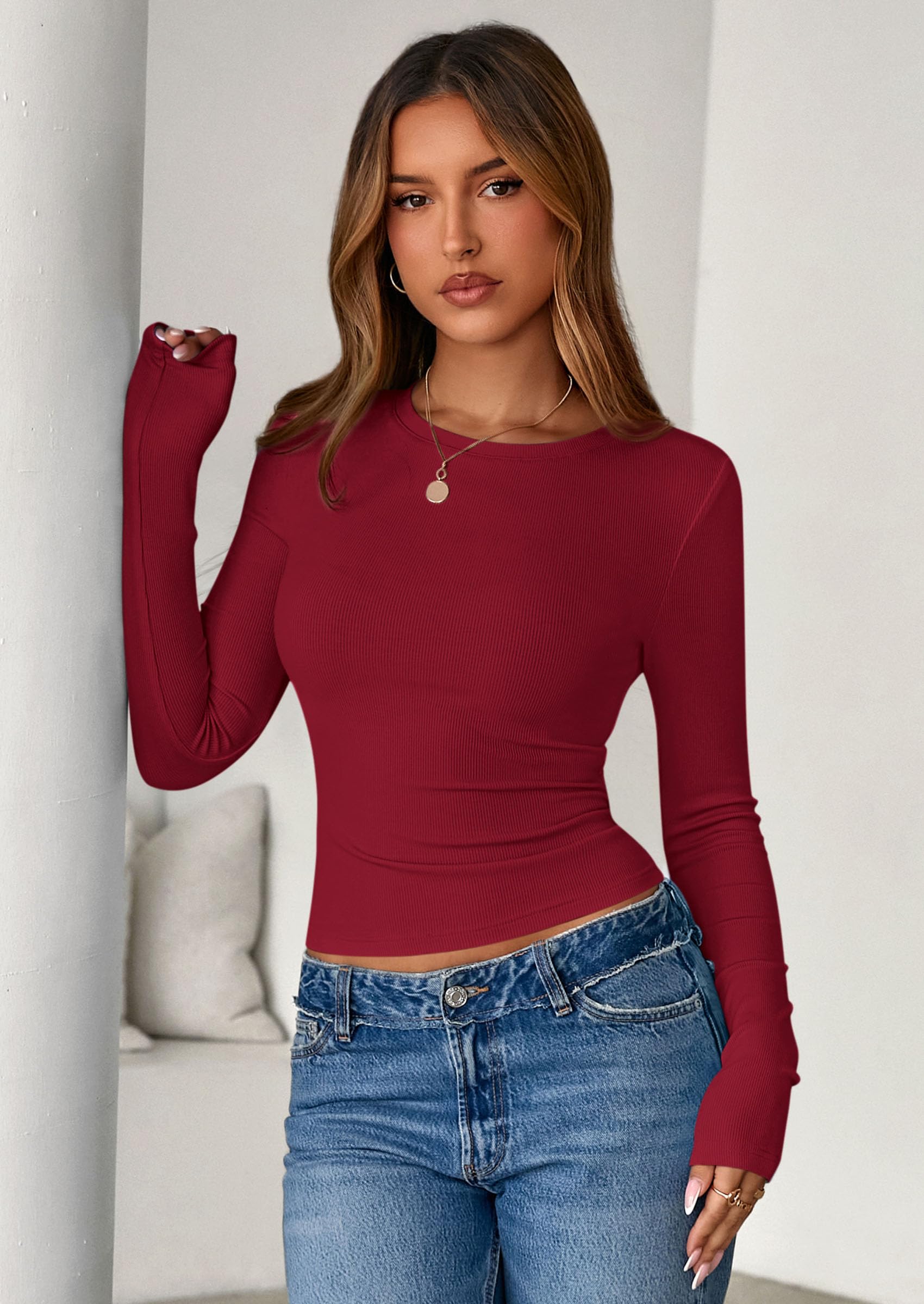 PRETTYGARDEN Women Fall Clothes Long Sleeve Shirts Ribbed Knit Fitted Basic Tee Going Out Tops Underscrub Casual Outfits