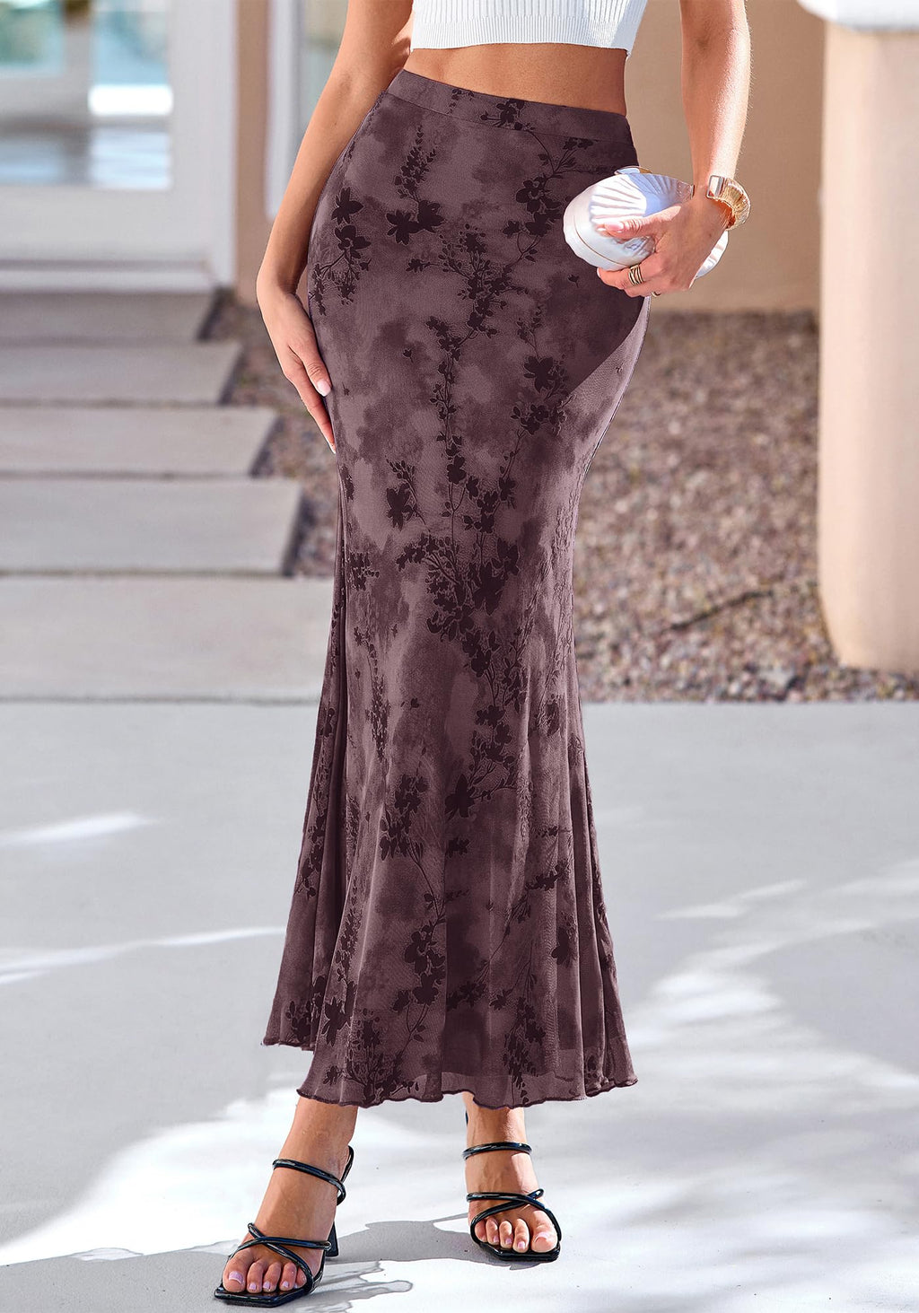 BTFBM Womens Floral Mesh Maxi Skirt Spring Summer Elastic High Waisted Boho Elegant Mermaid Long Skirts for Women