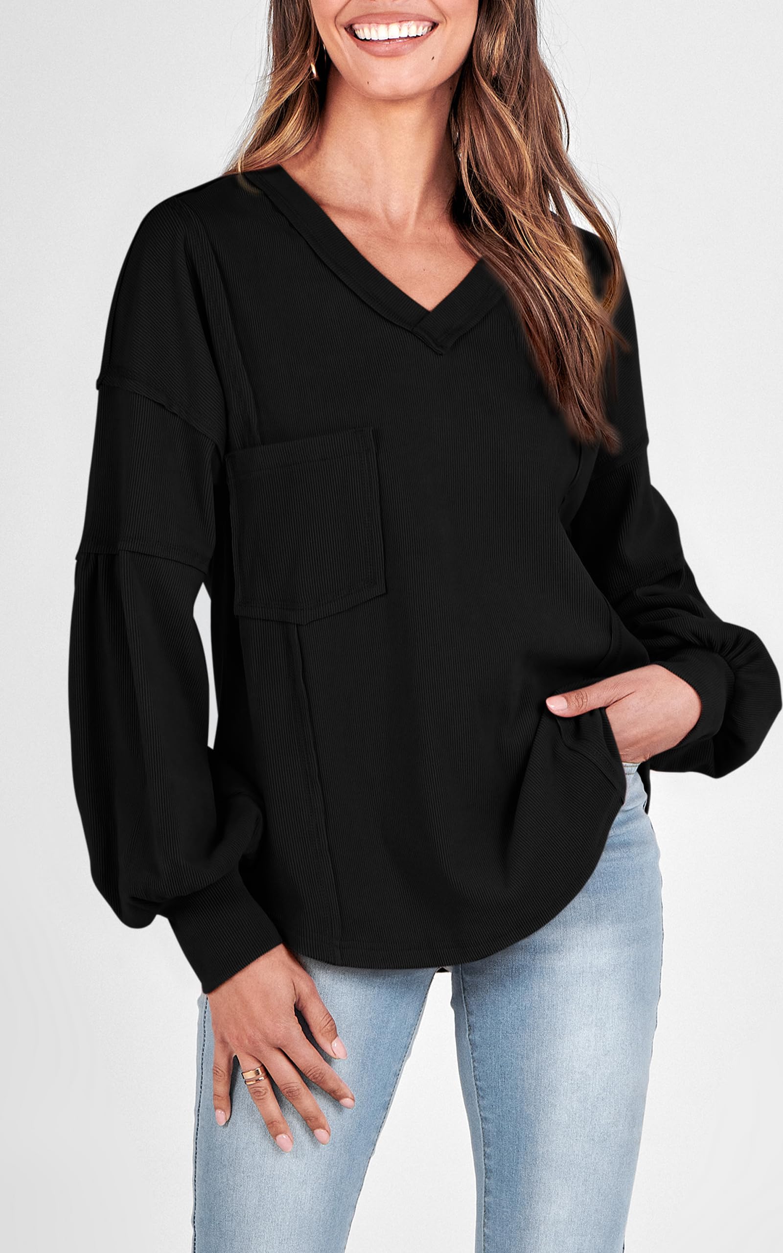 FreshPretty Womens Fall Fashion Long Sleeve Shirts Casual V Neck Ribbed Knit Blouses Pullover Trendy Loose Fit Tunic Tops