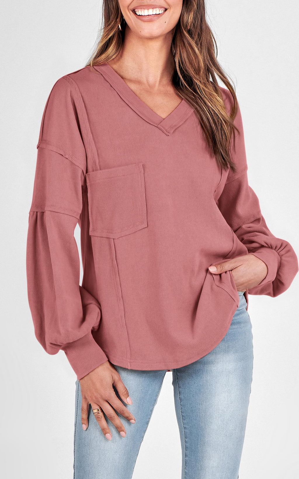 FreshPretty Womens Fall Fashion Long Sleeve Shirts Casual V Neck Ribbed Knit Blouses Pullover Trendy Loose Fit Tunic Tops