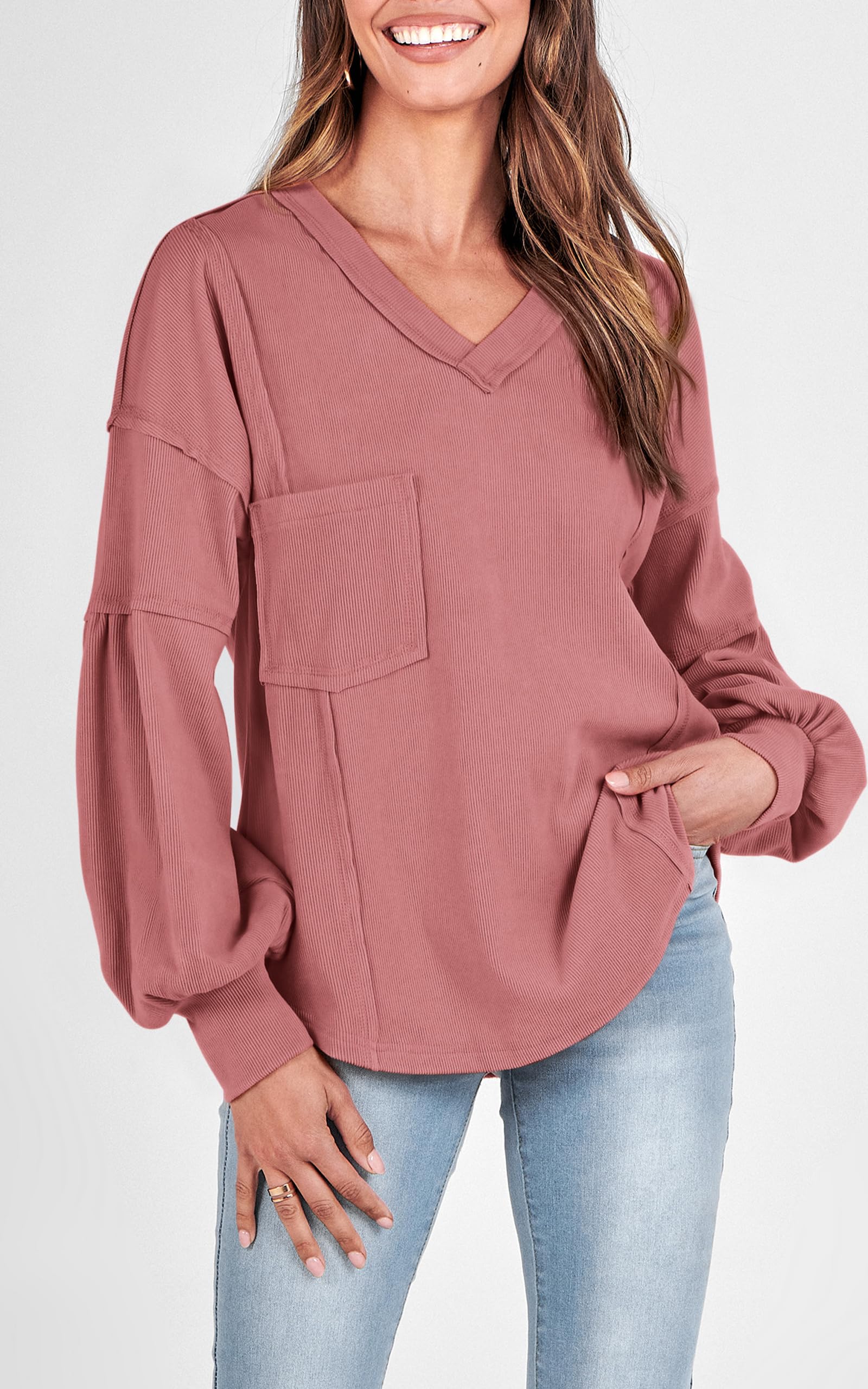 FreshPretty Womens Fall Fashion Long Sleeve Shirts Casual V Neck Ribbed Knit Blouses Pullover Trendy Loose Fit Tunic Tops