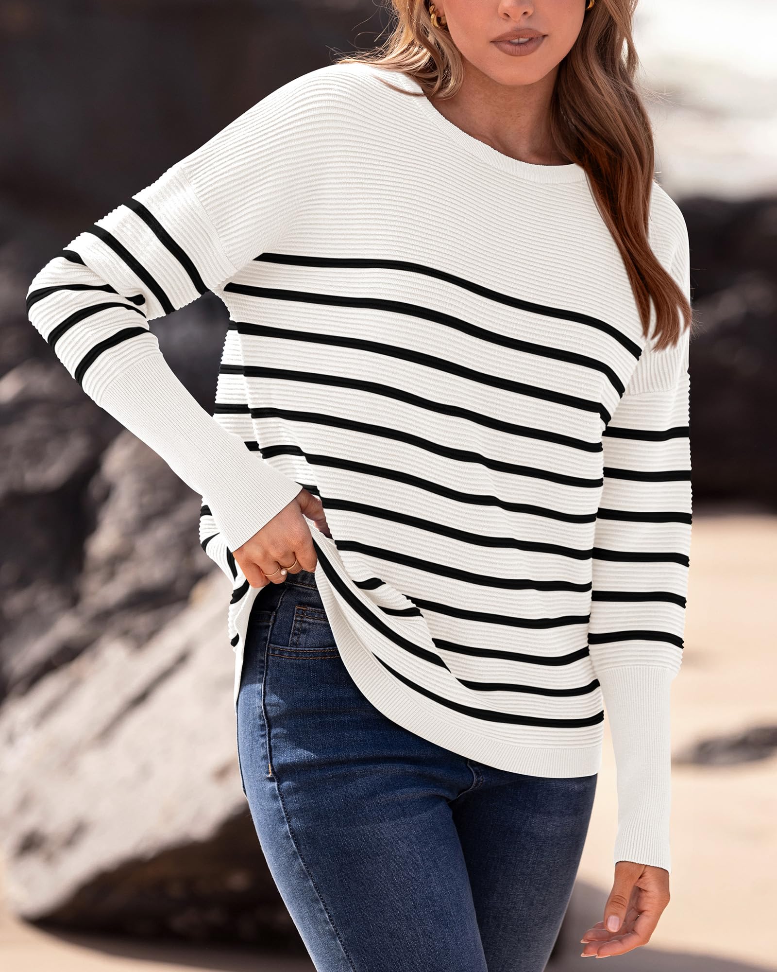 FreshPrettyFall Sweaters for Women Casual Long Sleeve Sweater Striped Loose Fit Pullover Tops