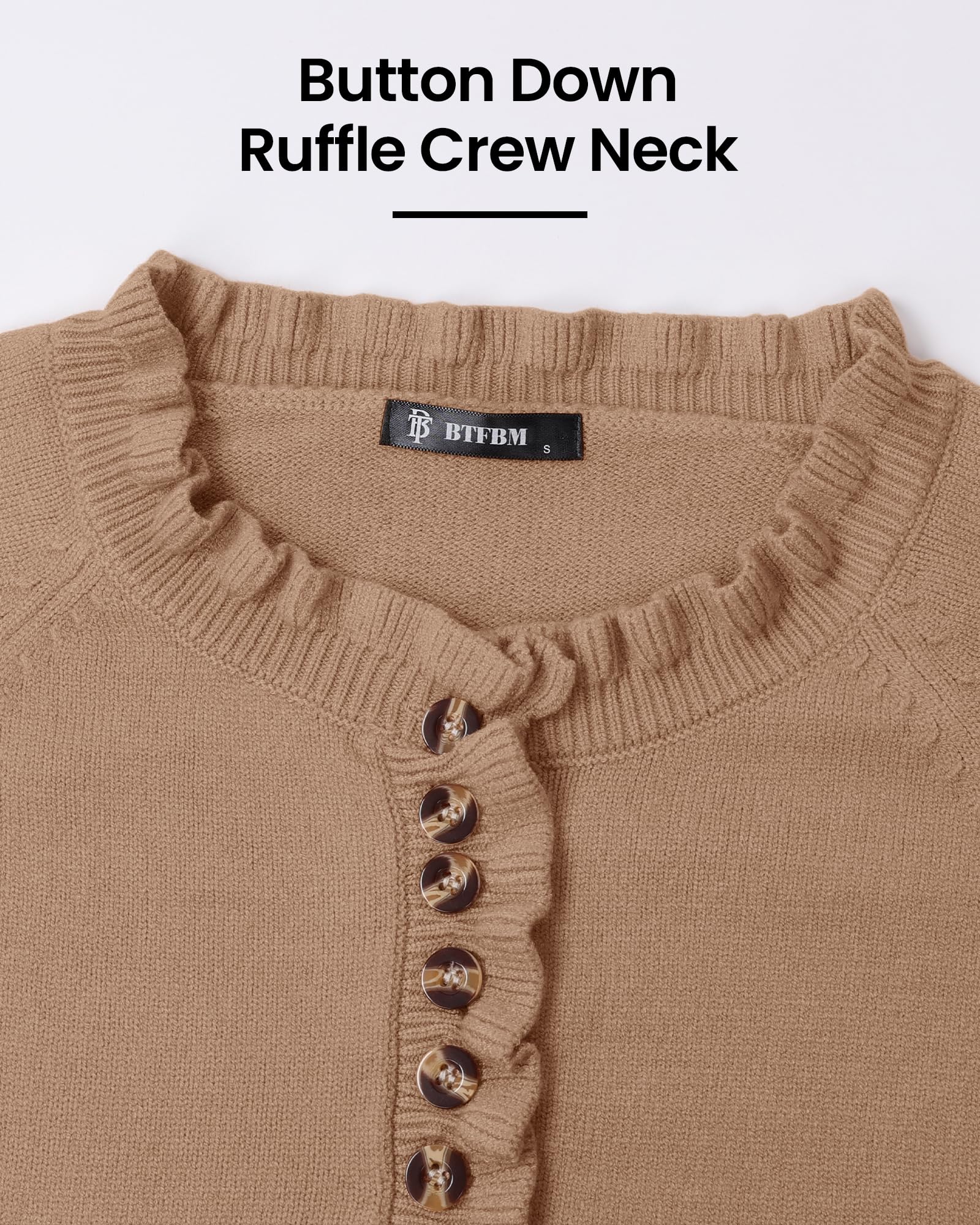 FreshPretty Womens Sweaters Fall Winter Clothes Long Sleeve Button Down Ruffle Crew Neck Casual Knitted Pullover Tops