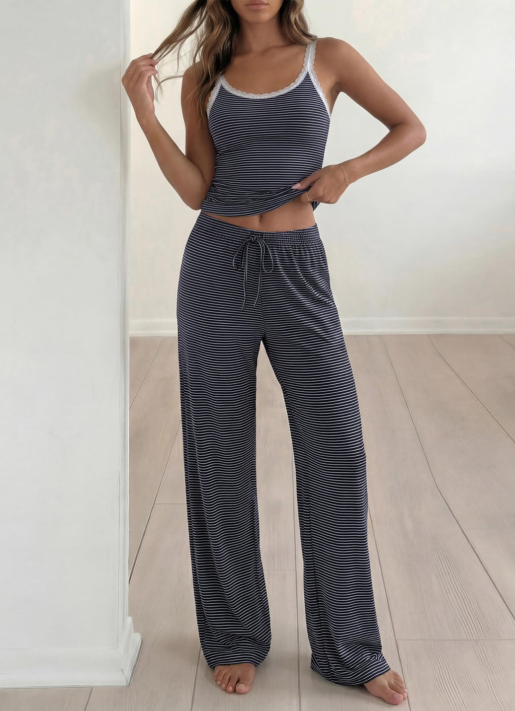 BTFBM Lounge Sets For Women Striped 2 Piece Pajama Sets Spaghetti Strap Tops Wide Leg Pants Beach Vacation Outfits