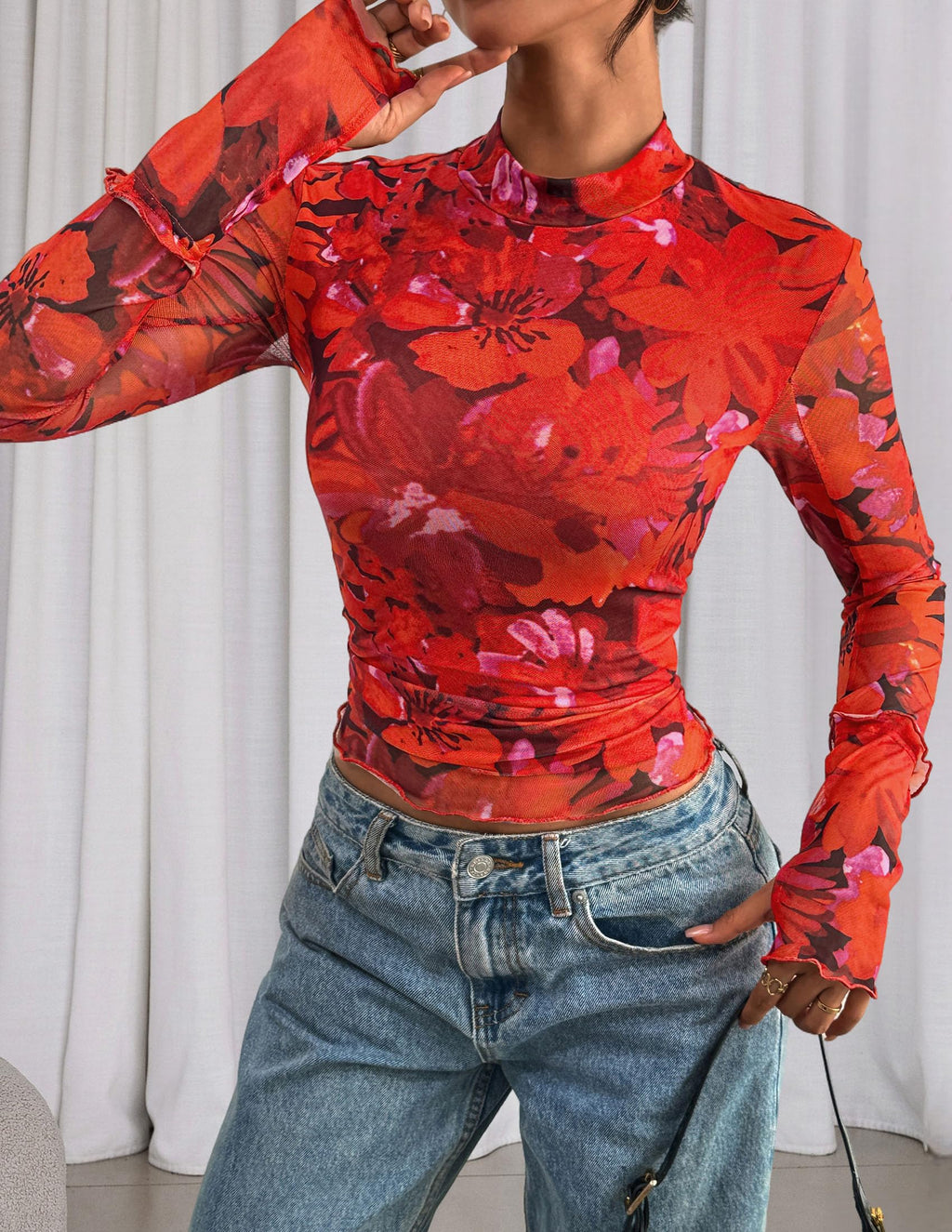 PRETTYGARDEN Womens Fall Mesh Floral Blouses Long Sleeve Going Out Tops Slim Fitted Shirts Date Night Outfits