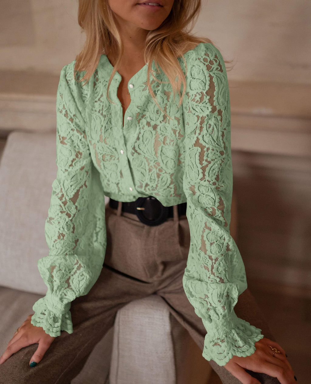 PRETTYGARDEN Women's Dressy Casual Lace Blouse Long Sleeve Button Up Shirts Tops Spring Fall Fashion Clothes