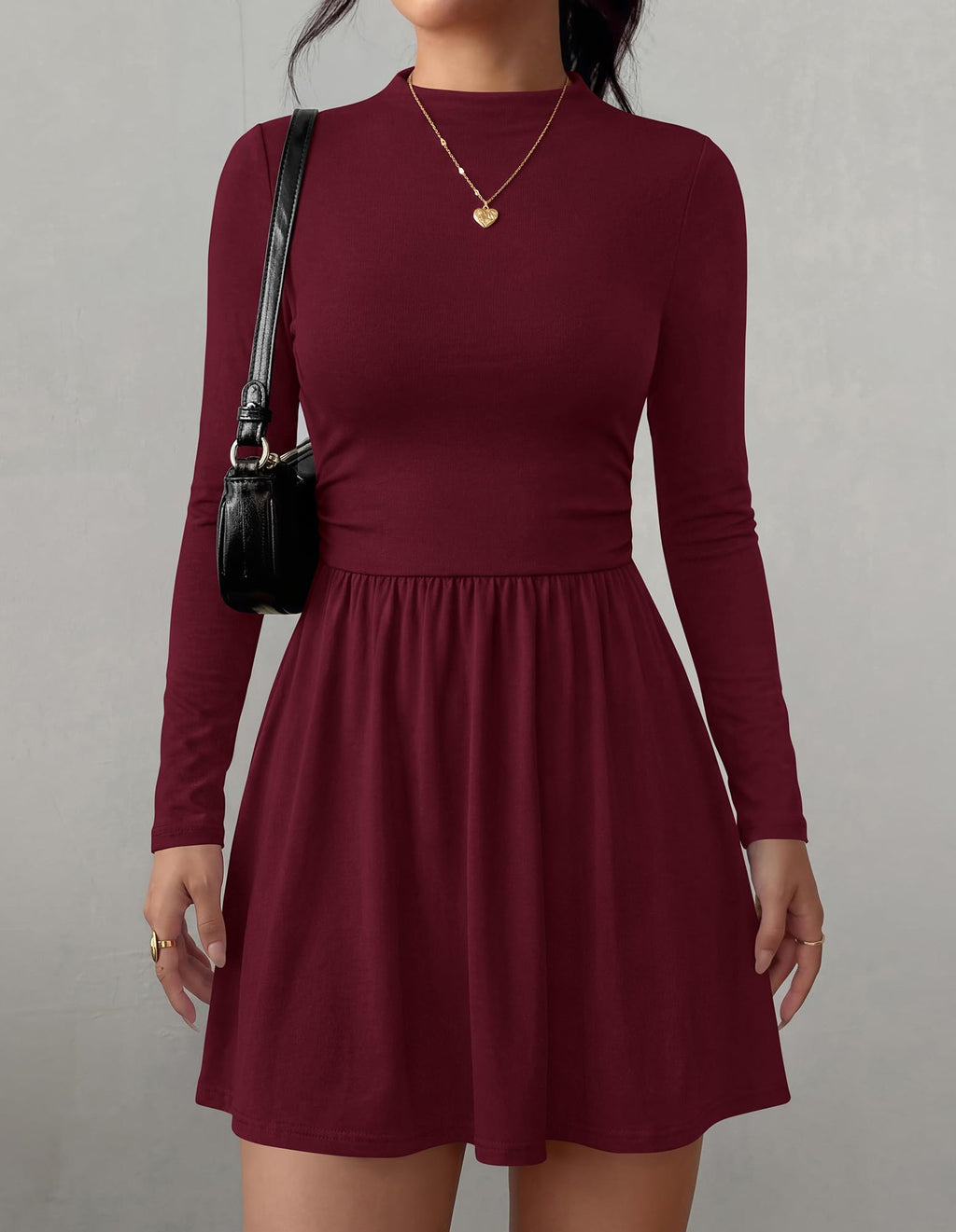 BTFBM Long Sleeve Dresses for Women Mock Neck A Line Flowy Mini Dress Swing Pleated Hem,Cocktail Party Club Holiday Going Out Outfits,Dressy Casual Winter,Trendy Early Fall Fashion Clothing
