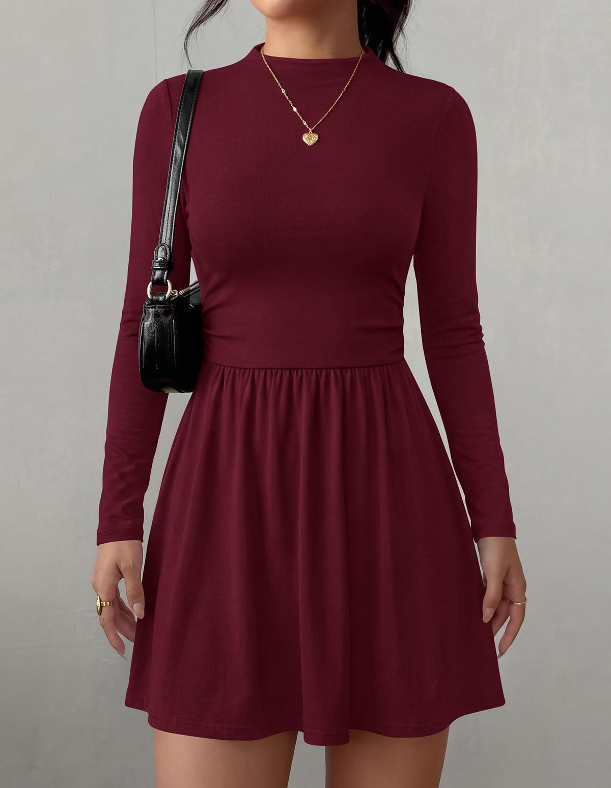 BTFBM Long Sleeve Dresses for Women Mock Neck A Line Flowy Mini Dress Swing Pleated Hem,Cocktail Party Club Holiday Going Out Outfits,Dressy Casual Winter,Trendy Early Fall Fashion Clothing