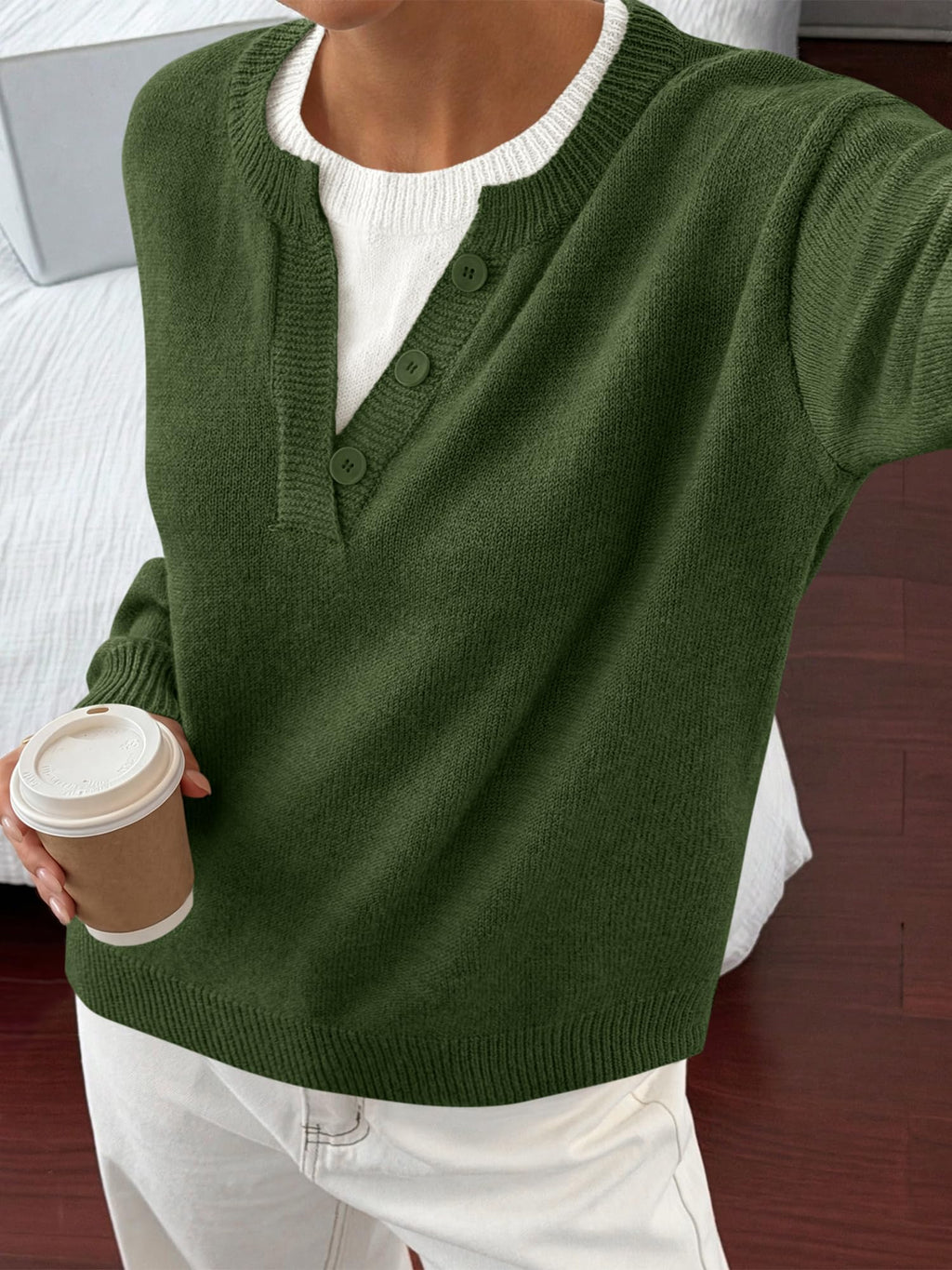 BTFBM Women Long Sleeve Crew Neck Sweaters Tops, 2 in1 Knitted Pullover, Deco Buttons, Oversized, Stretchy, Vacation, Business Casual Outfits, Fall Winter Trendy