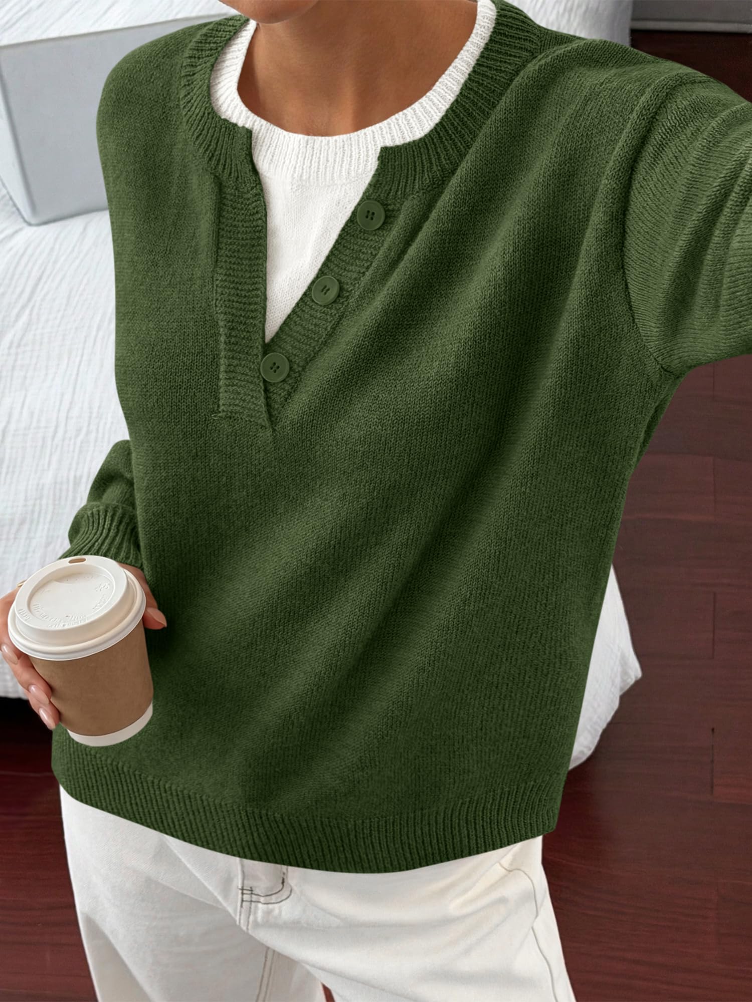 BTFBM Women Long Sleeve Crew Neck Sweaters Tops, 2 in1 Knitted Pullover, Deco Buttons, Oversized, Stretchy, Vacation, Business Casual Outfits, Fall Winter Trendy