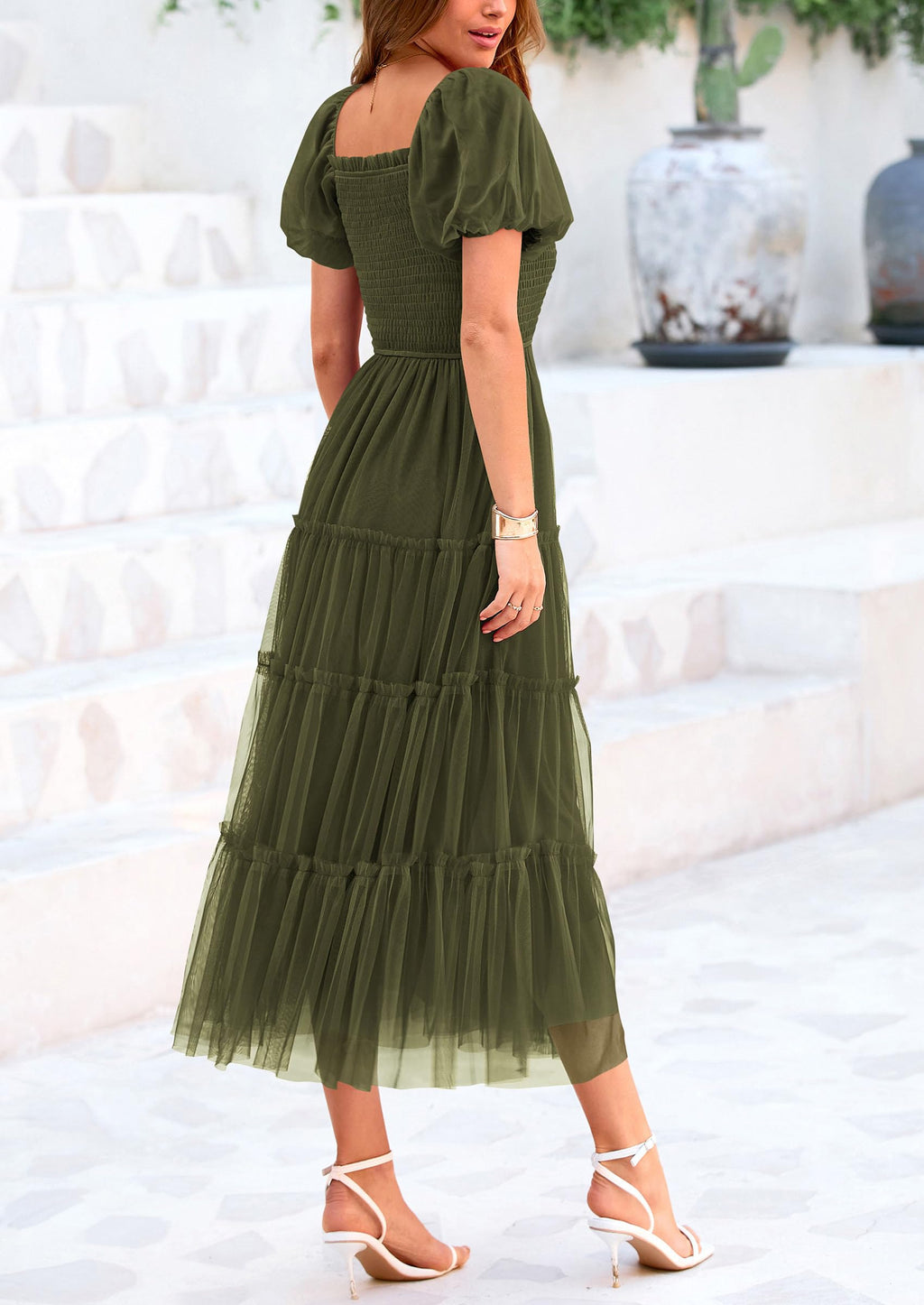 PRETTYGARDEN Women's Smocked Midi Tulle Dress  Summer Puffy Short Sleeve Square Neck Ruffle Wedding Guest Party Dresses