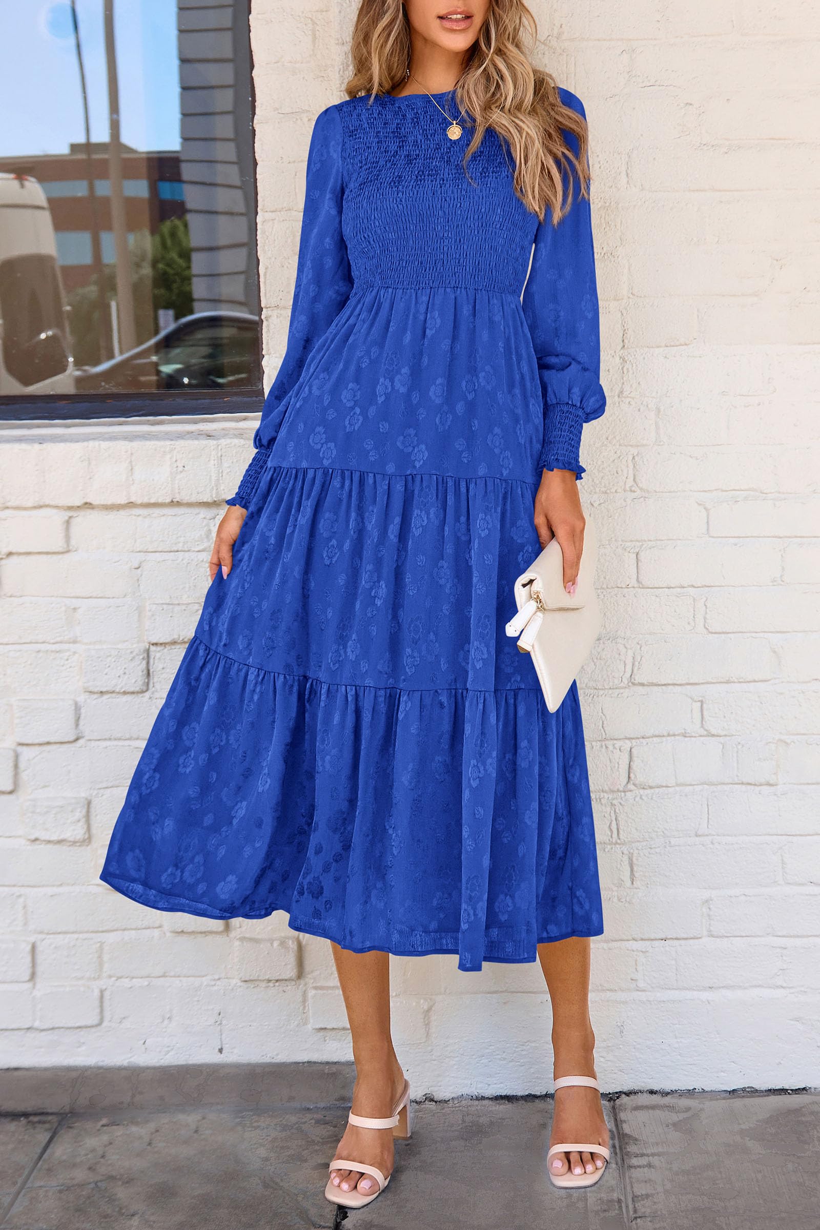 PRETTYGARDEN Women's Fall Spring Midi Dress Long Sleeve Floral Smocked Elegant Wedding Guest Long Flowy Dresses with Pockets