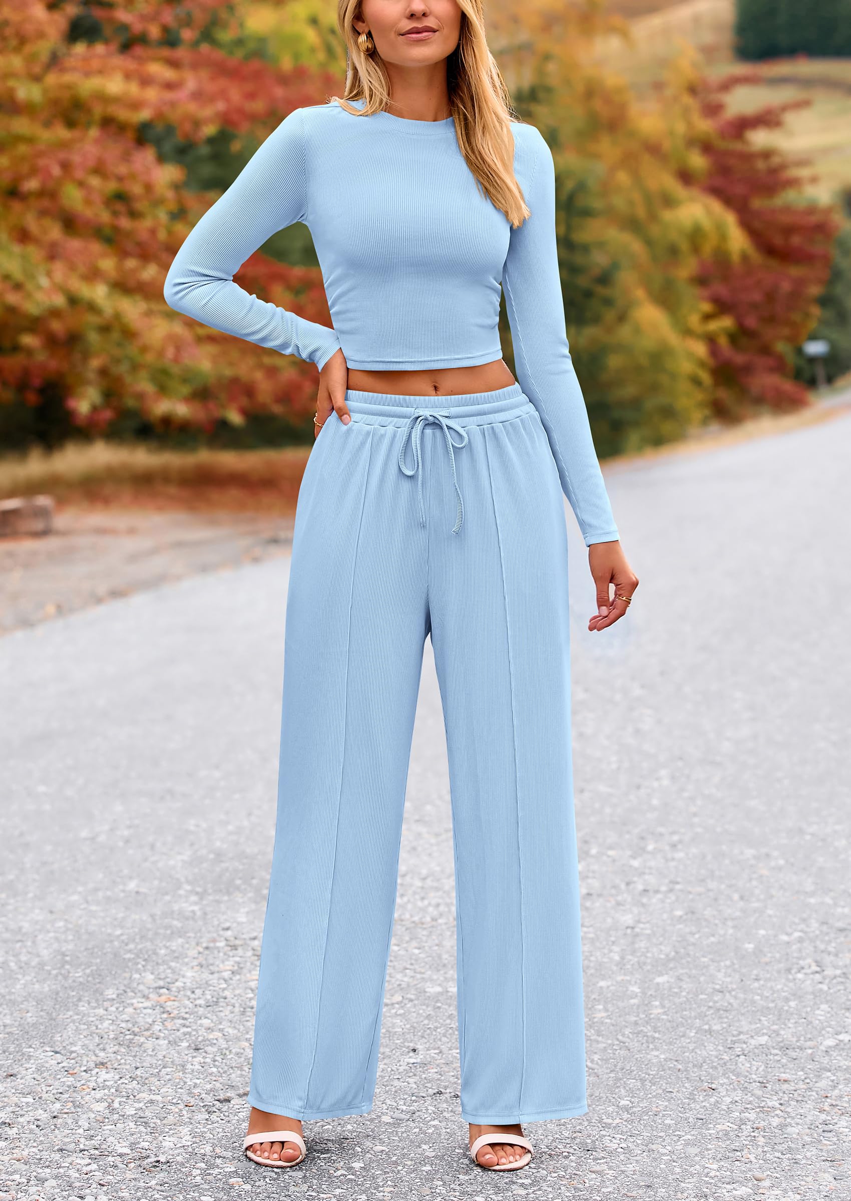 PRETTYGARDEN Women's 2 Piece Loungewear Long Sleeve Crop Top Wide Leg Palazzo Pants Set Tracksuits Casual Outfit