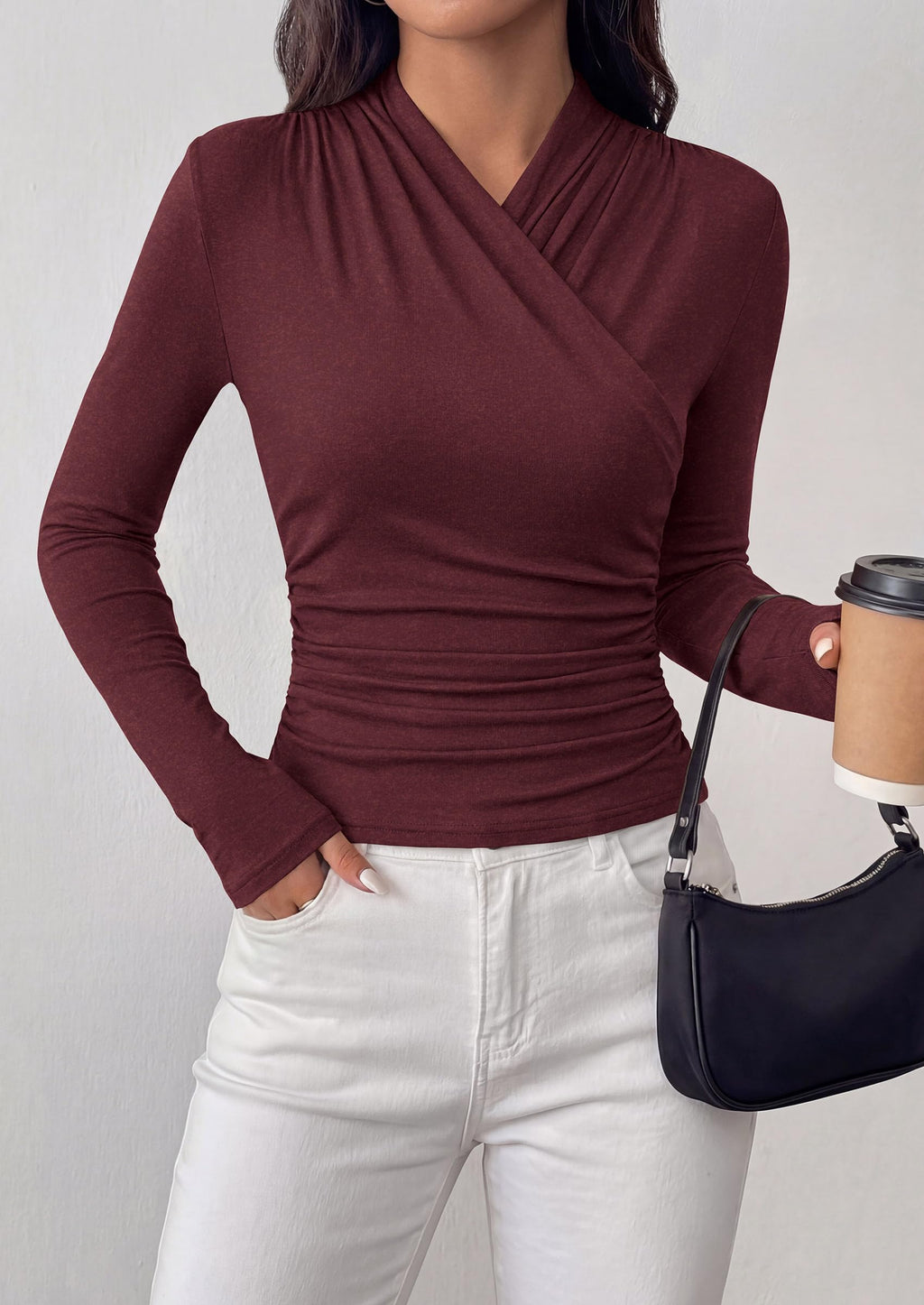 PRETTYGARDEN Womens Long Sleeve Shirts Going Out Wrap Top | Soft Heathered Stretchy Viscose Fitted Blouse, V Neck Ruched Waist Dressy Tops, Office Business Casual Fall Winter Daily Wear
