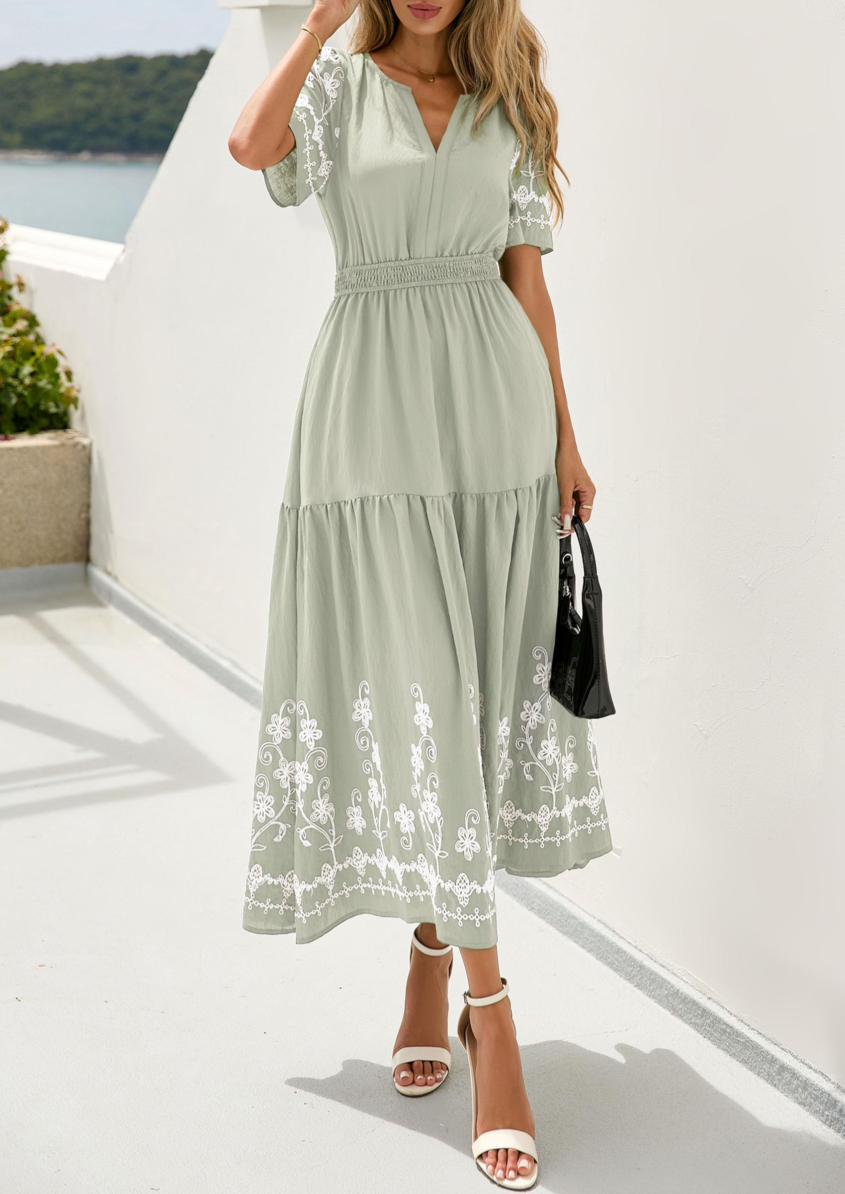 PRETTYGARDEN Women's Summer Boho Maxi Dress Spring Floral Short Sleeve V Neck A Line Flowy Beach Wedding Guest Dresses