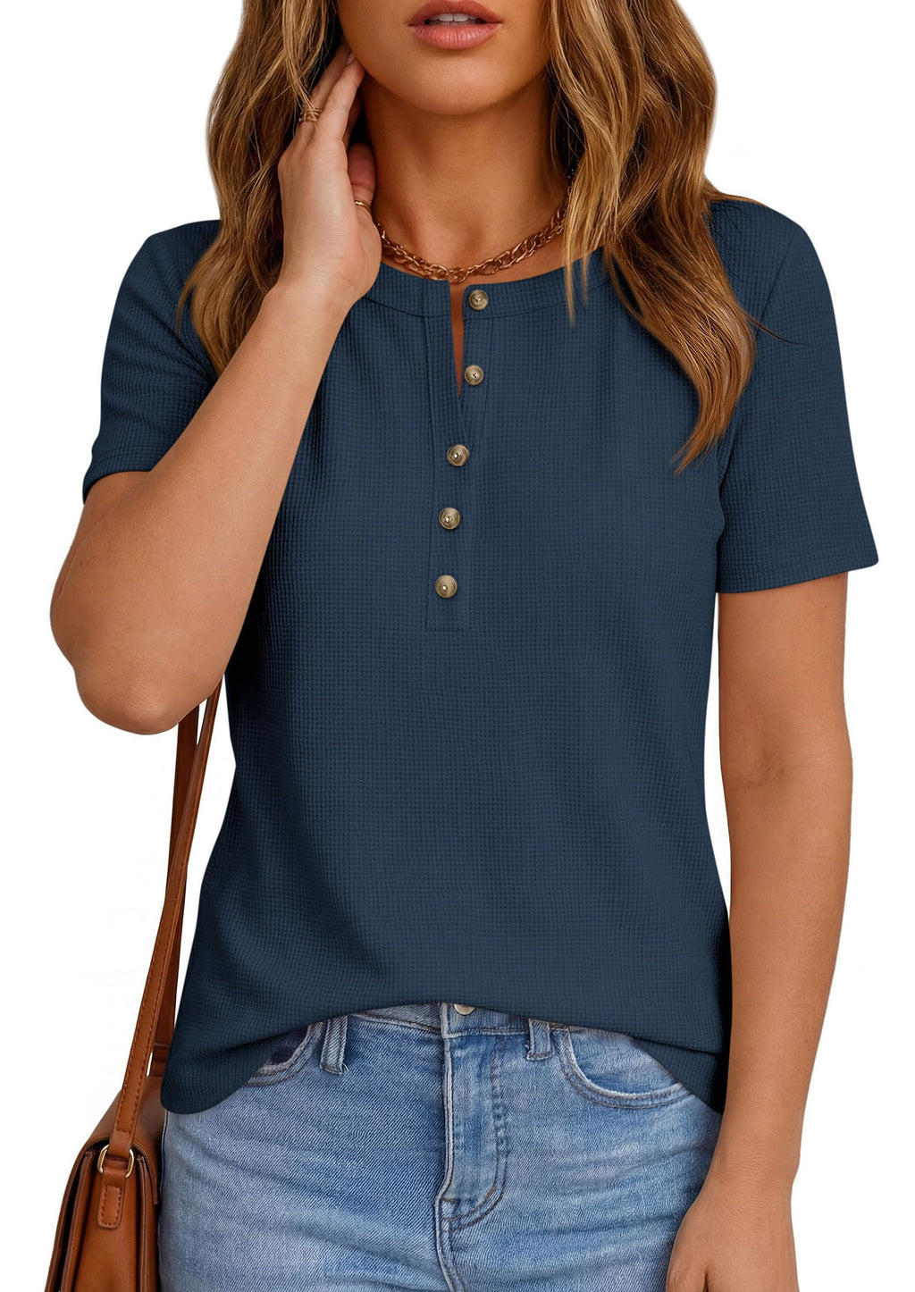PRETTYGARDEN Waffle Knit Tops for Women Short Sleeve Henley Shirts  Summer Blouses Dressy Casual Spring Fashion Clothes