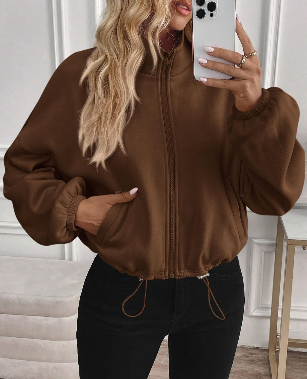 PRETTYGARDEN Womens Zip Up Fleece Cropped Sweatshirt Jacket
