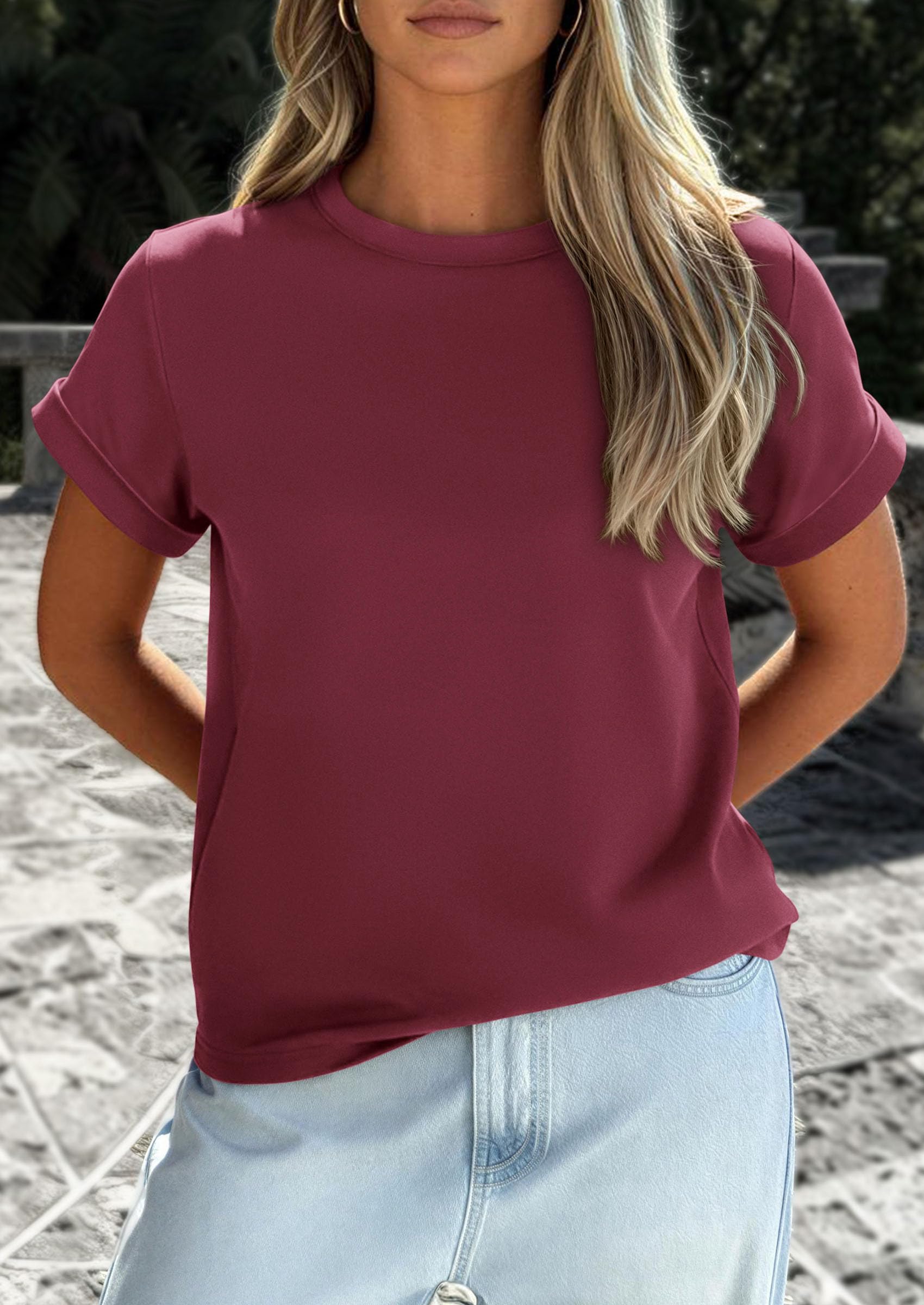 PRETTYGARDEN Womens Summer Tops Spring Casual Rolled Short Sleeve Basic Tees Crew Neck Work Shirts Fashion Clothing
