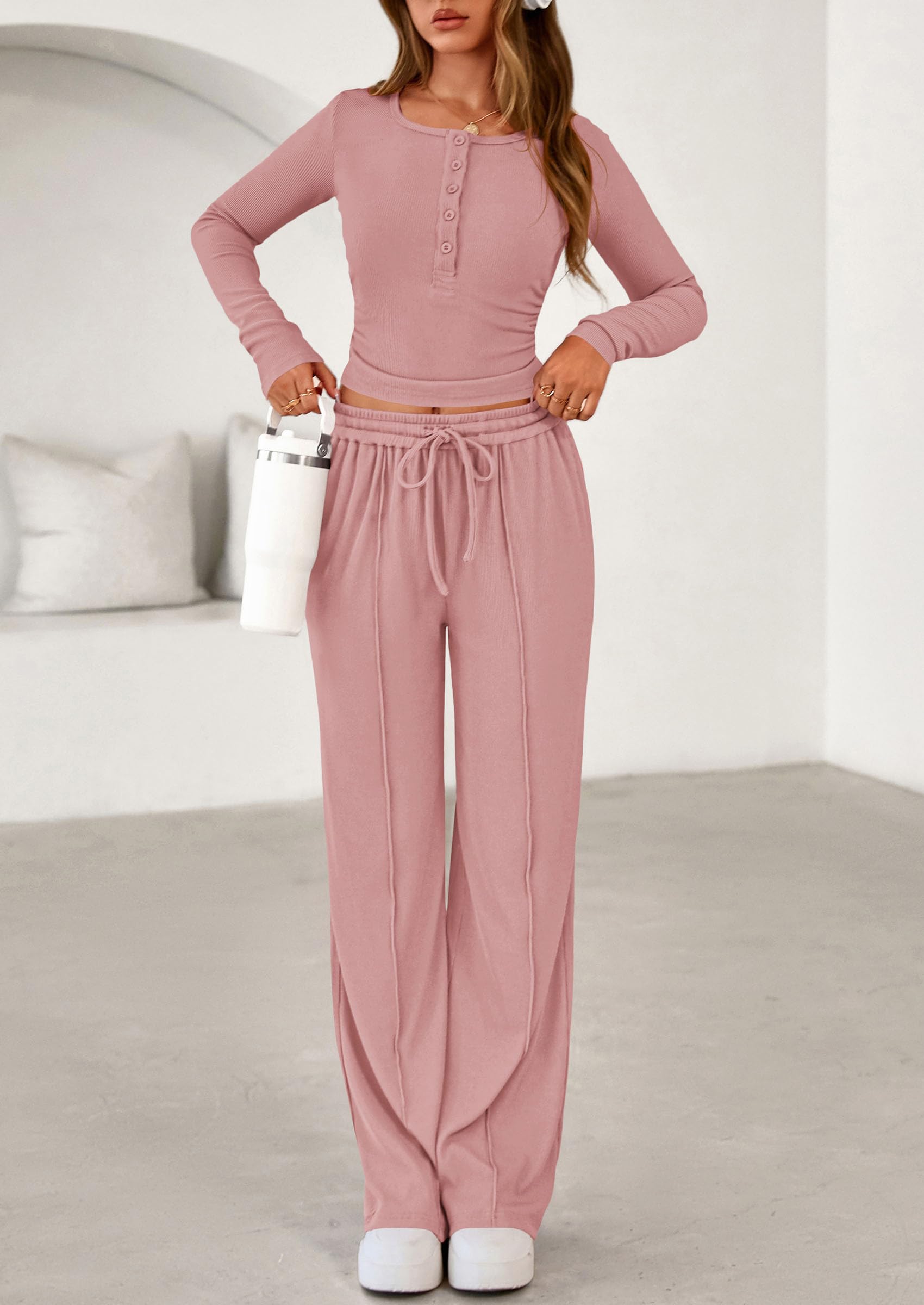 PRETTYGARDEN Women's  Fall Trendy 2 Piece Outfits Lounge Sets Long Sleeve Top Henley Shirts Wide Leg Pants Travel Clothes