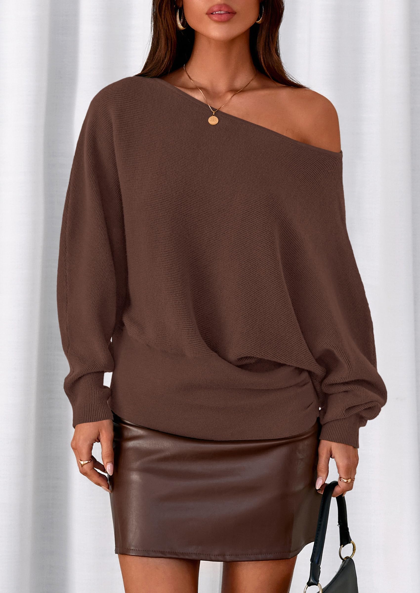 PRETTYGARDEN Women Off the Shoulder Sweater  Fall Trendy Long Batwing Sleeve Knit Pullover Going Out Tops Winter Clothing