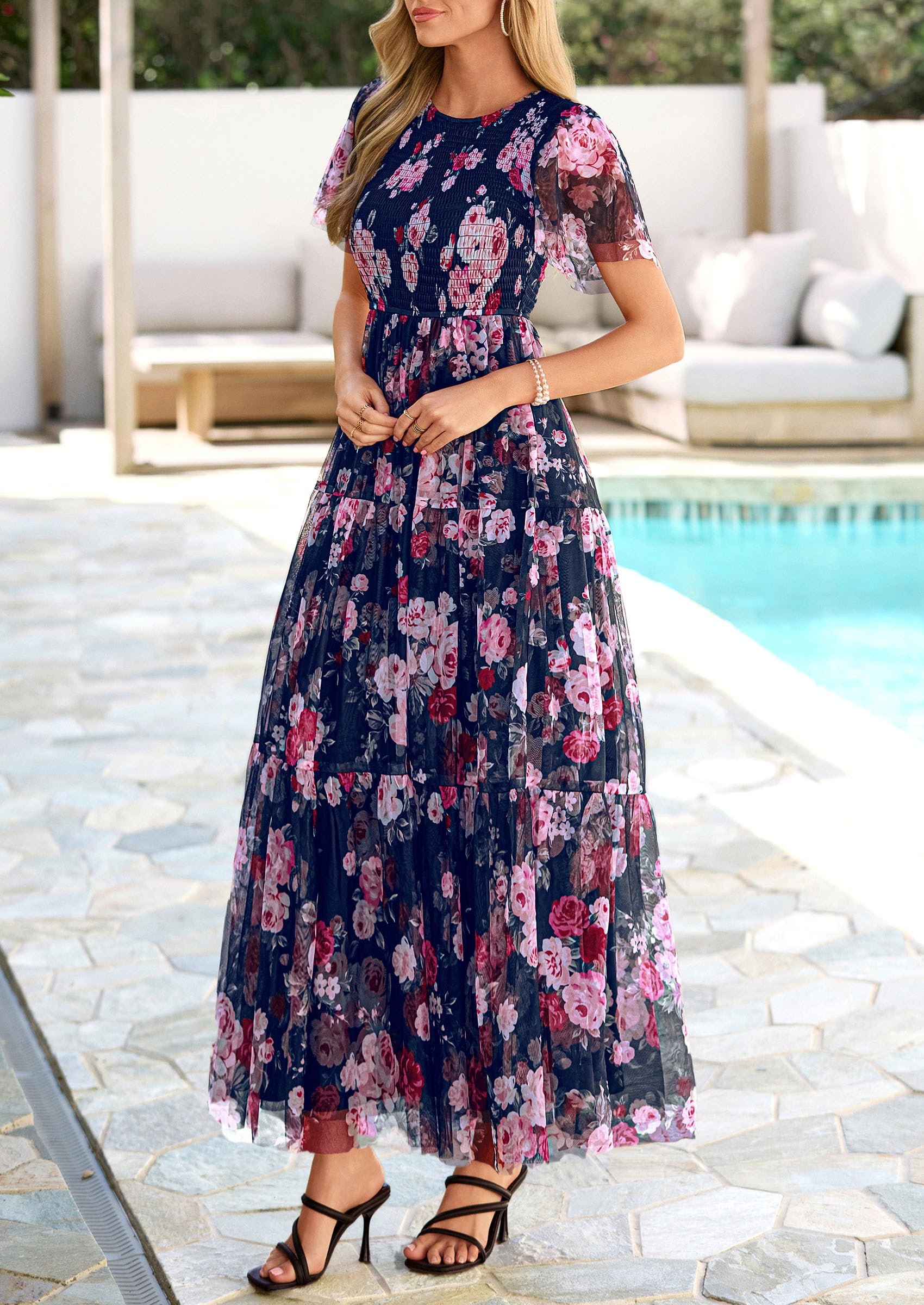 PRETTYGARDEN Tulle Floral Dress Women Summer Wedding Guest  Spring Short Sleeve Maxi Smocked Flowy Beach Party Dresses