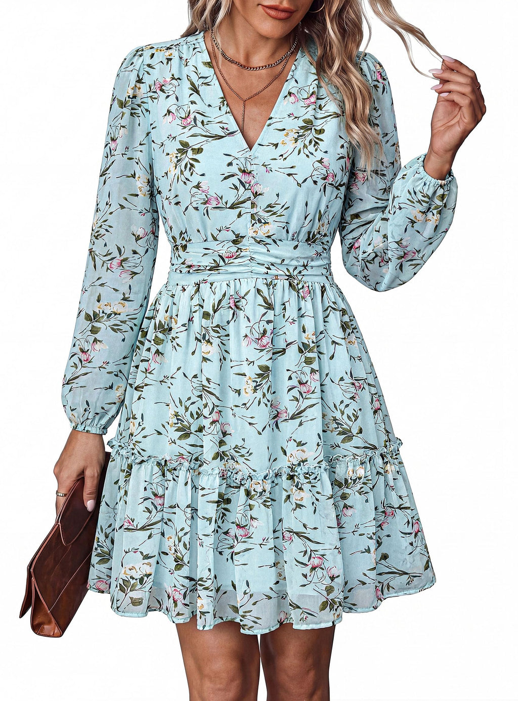 PRETTYGARDEN Women Floral Long Sleeve Mini Dress | Fall Wedding Guest Dresses, V Neck, Fit & Flare, Ruffle Hem A-Line, Short Chiffon Dress, Elegant Holiday Party, Date Outfits