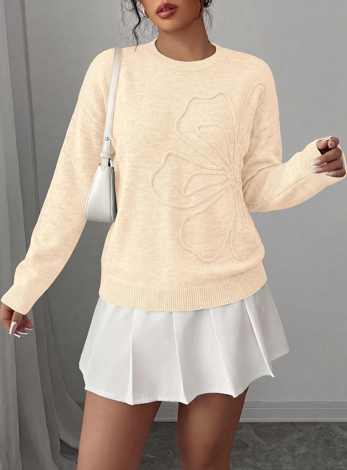 PRETTYGARDEN Women Fall Sweaters Trendy Floral Knit Pullover | Flower Embroidered Tops, Crew Neck, Soft Long Sleeve Shirts, Cozy Winter Layering Clothes for Casual Outing, Holiday Party