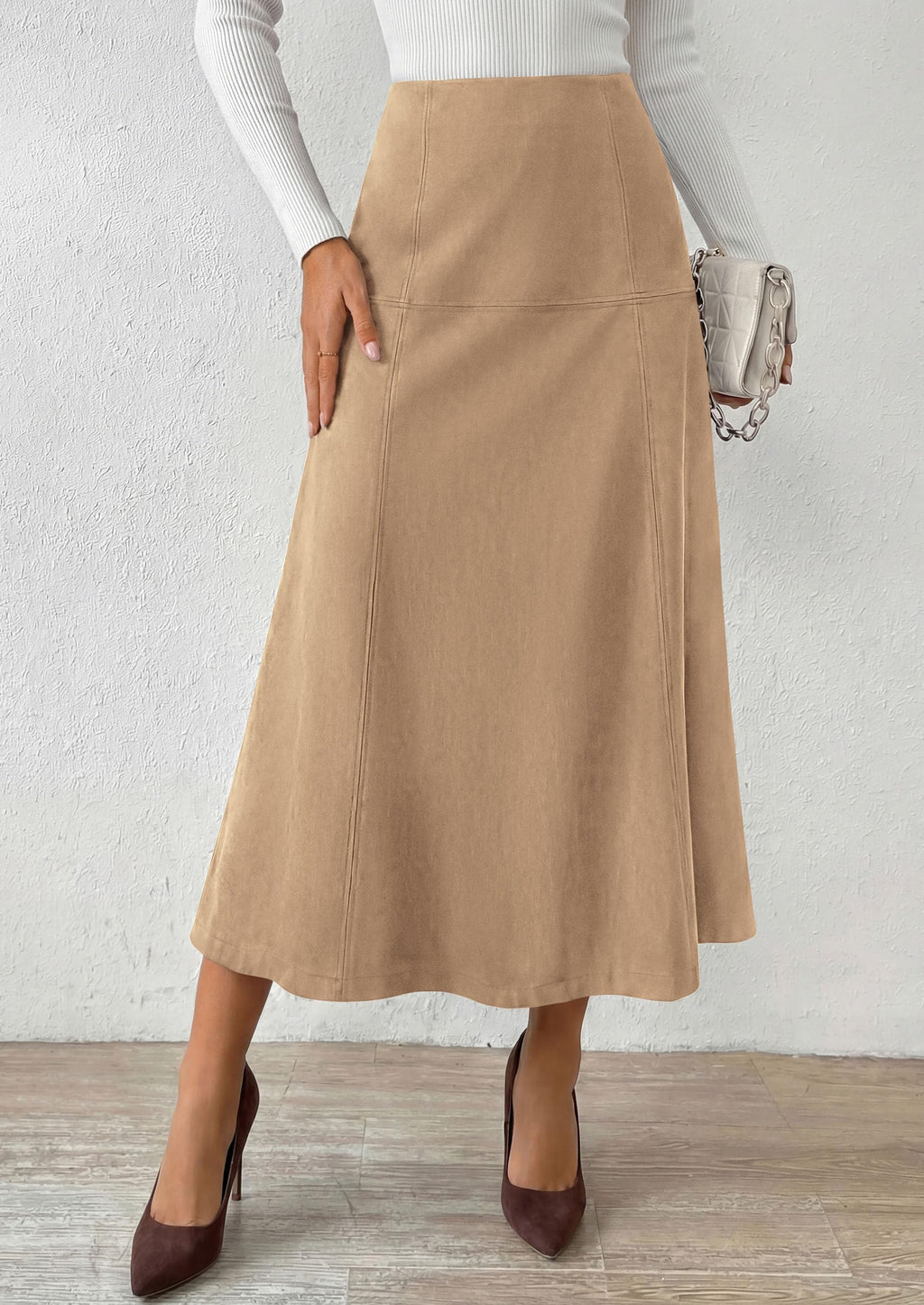 PRETTYGARDEN Womens High Waist Faux Suede A Line Midi Skirt | Hidden Stretch Elastic Waist, Front Back Panel Stitching, Vintage Elegant Mid-Calf Long Skirts for Fall Winter Office Daily