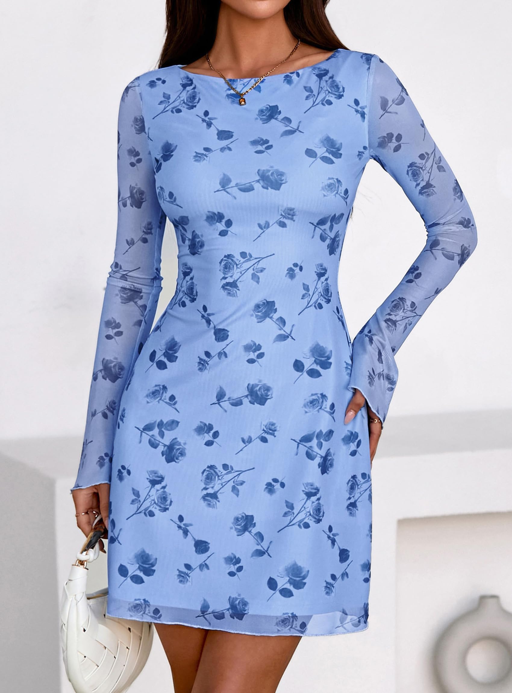 PRETTYGARDEN Women's Fall Fashion Floral Long Sleeve Mini Dress Mesh Bodycon Short Party Date Night Going Out Dresses